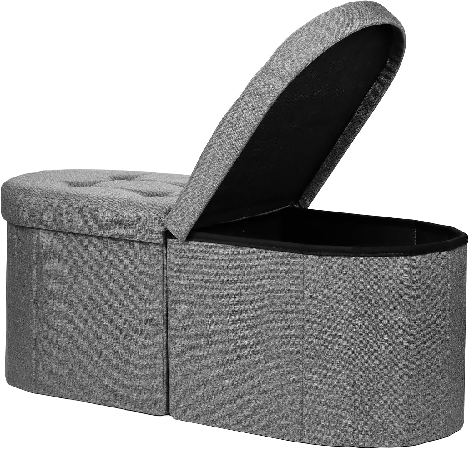 Gray fabric two-piece ottoman bench with one padded lid lifted to reveal storage