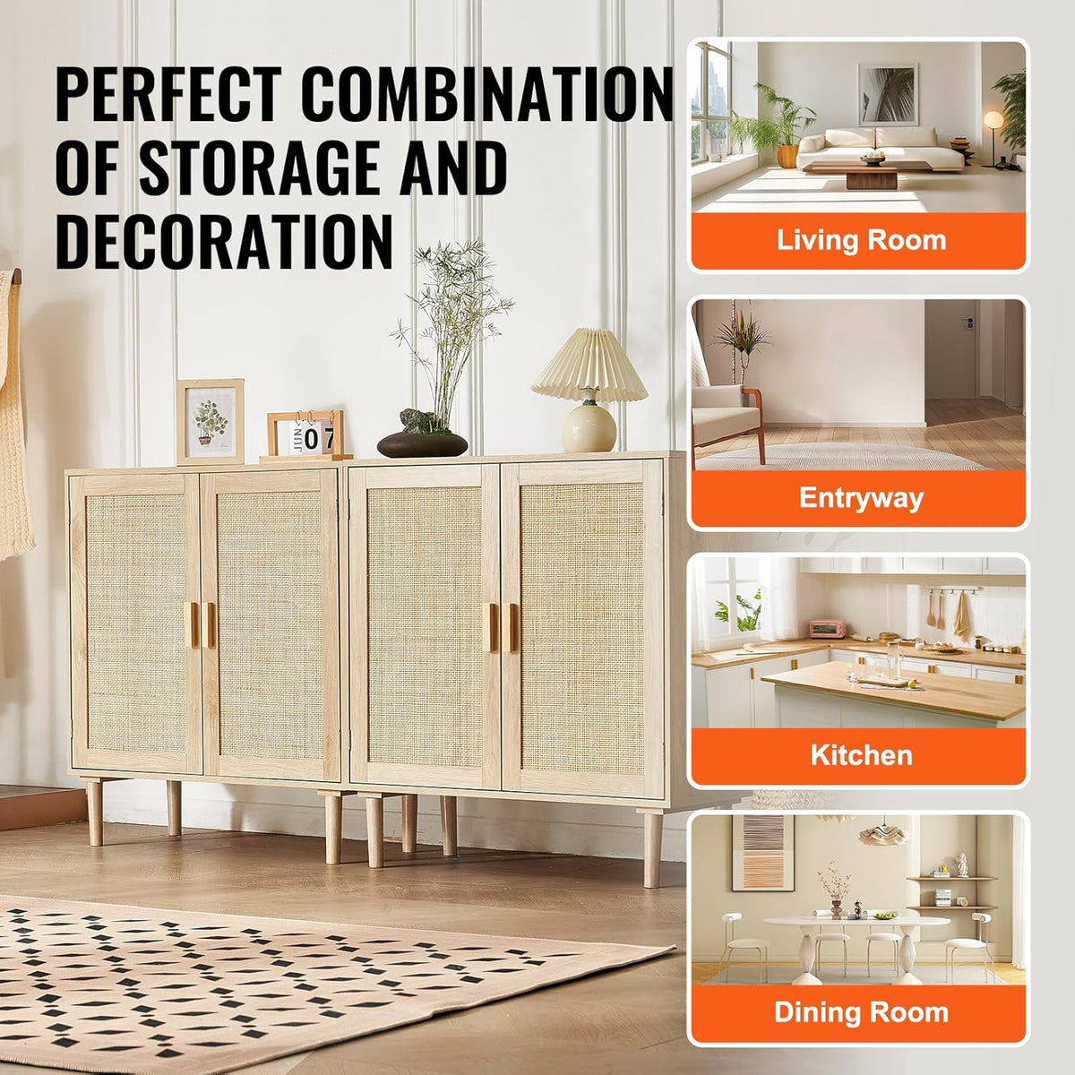 Closed double rattan-door sideboard staged in a room with four small thumbnails suggesting living, entry, kitchen, dining