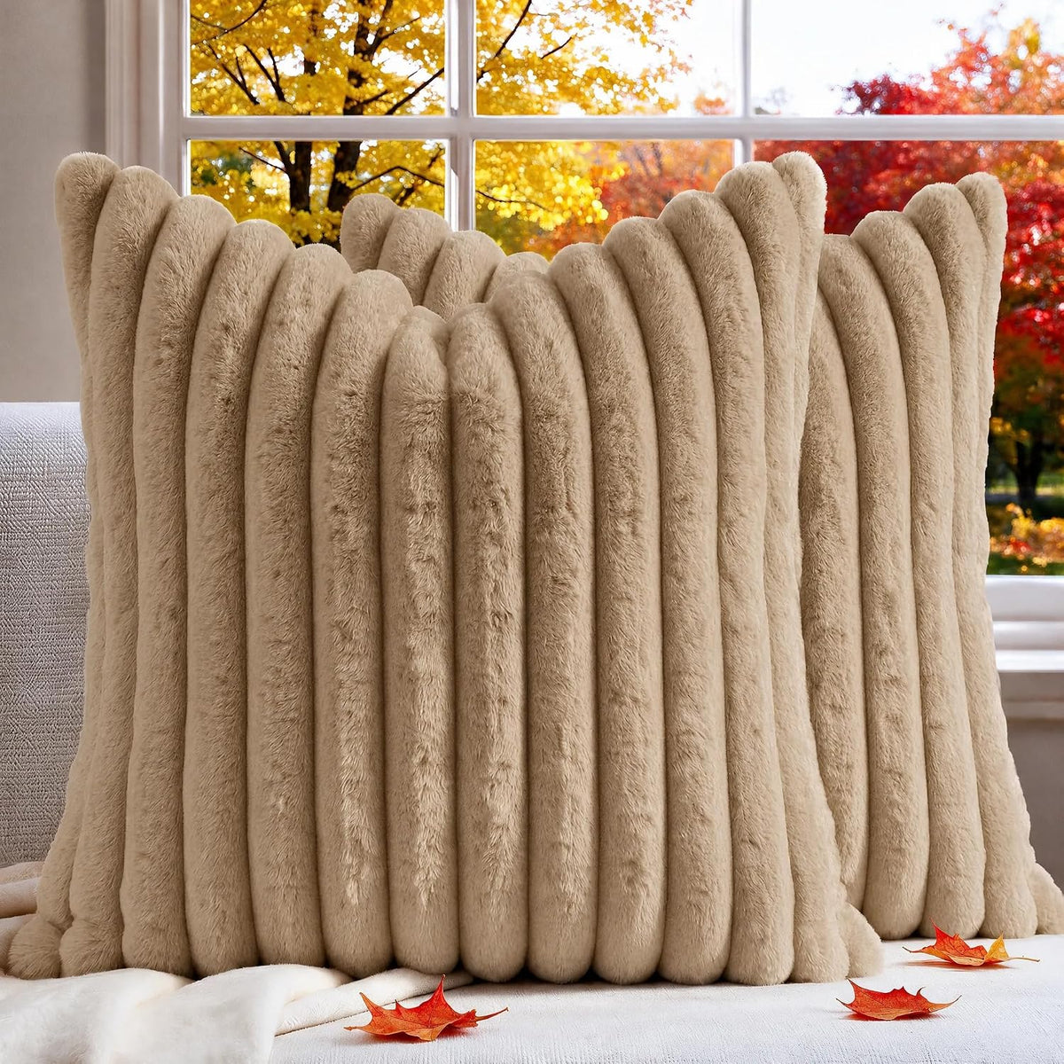 Close-up of beige ribbed faux-fur pillow covers showing plush texture and stitching