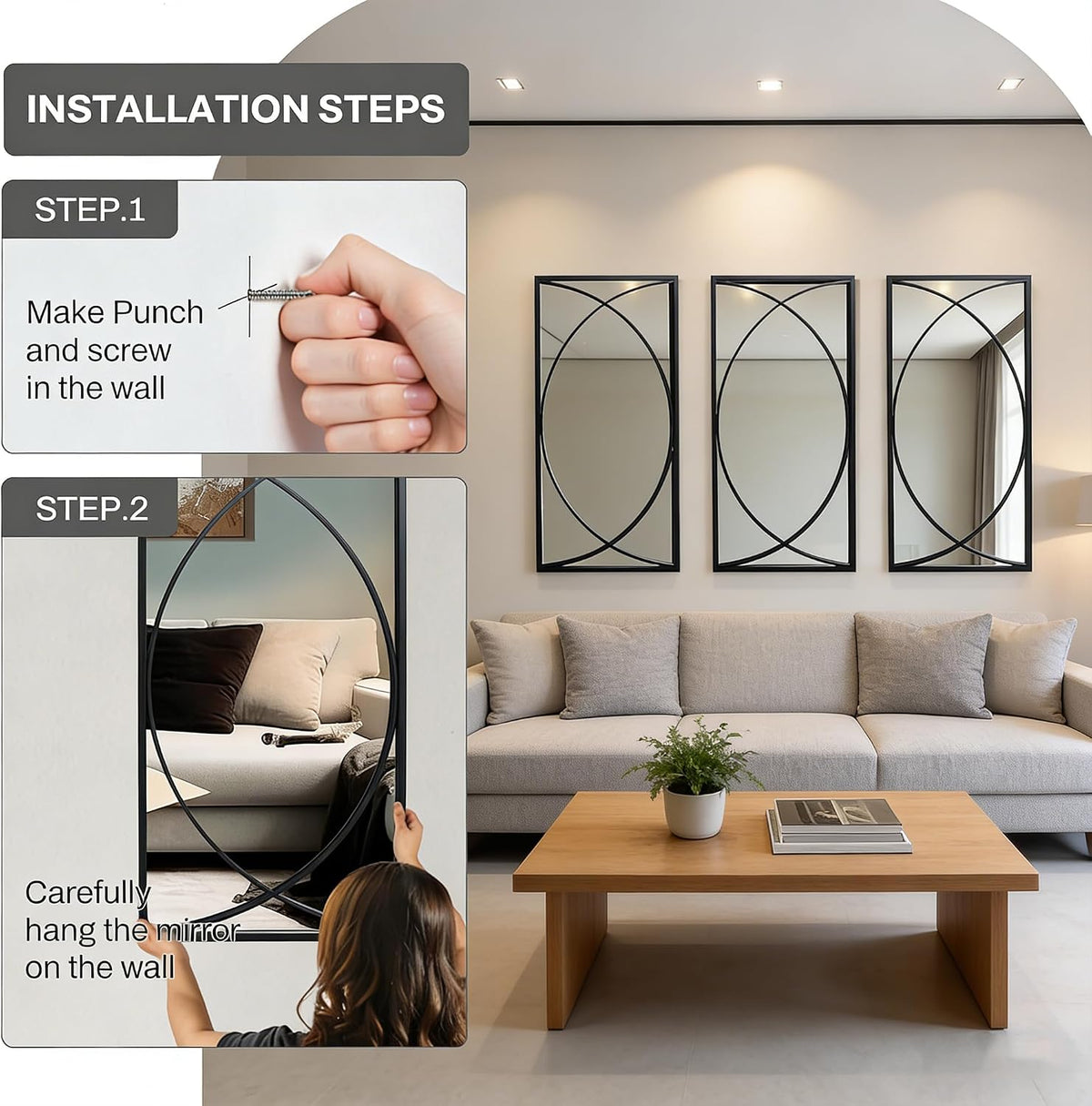 Installation-step graphic with hand screwing an anchor and person hanging a mirror; three black-framed mirrors above beige