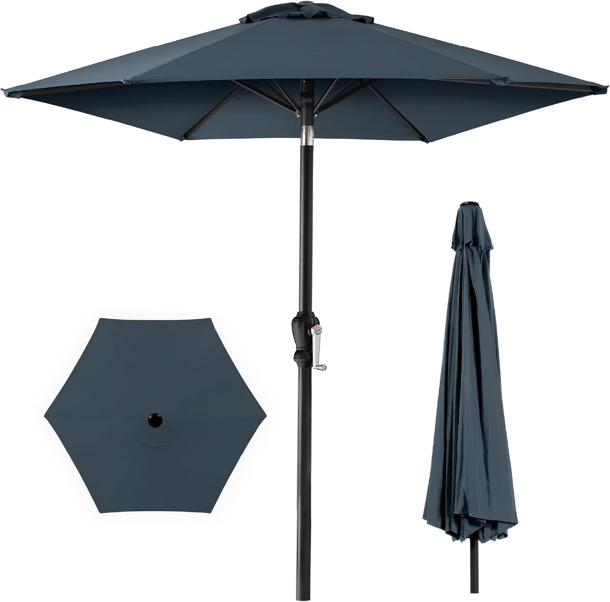 Opened dark blue market umbrella on a black pole, top view and folded canopy shown at right.