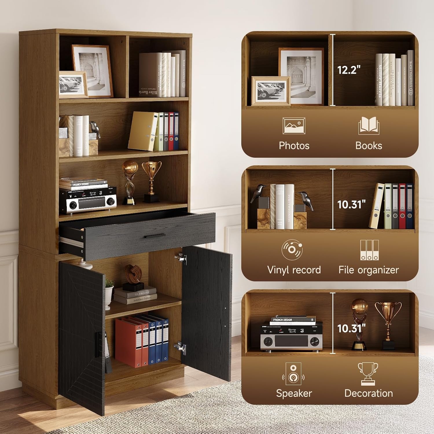 Tall bookcase with drawer open and cabinet doors ajar, plus three inset panels illustrating shelf heights and suggested uses.