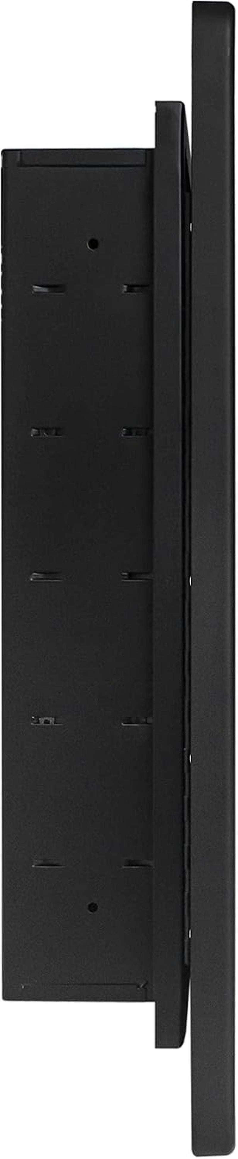Side profile view showing the cabinet's shallow depth, internal mounting slots and thin framed mirror