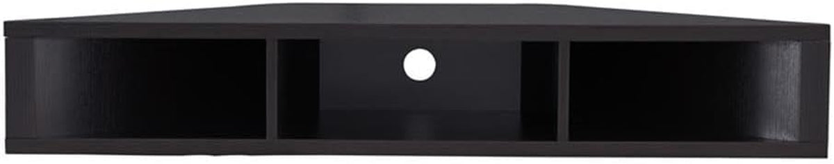 Frontal close-up of the cappuccino floating TV stand showing three divided shelves and cable-management hole