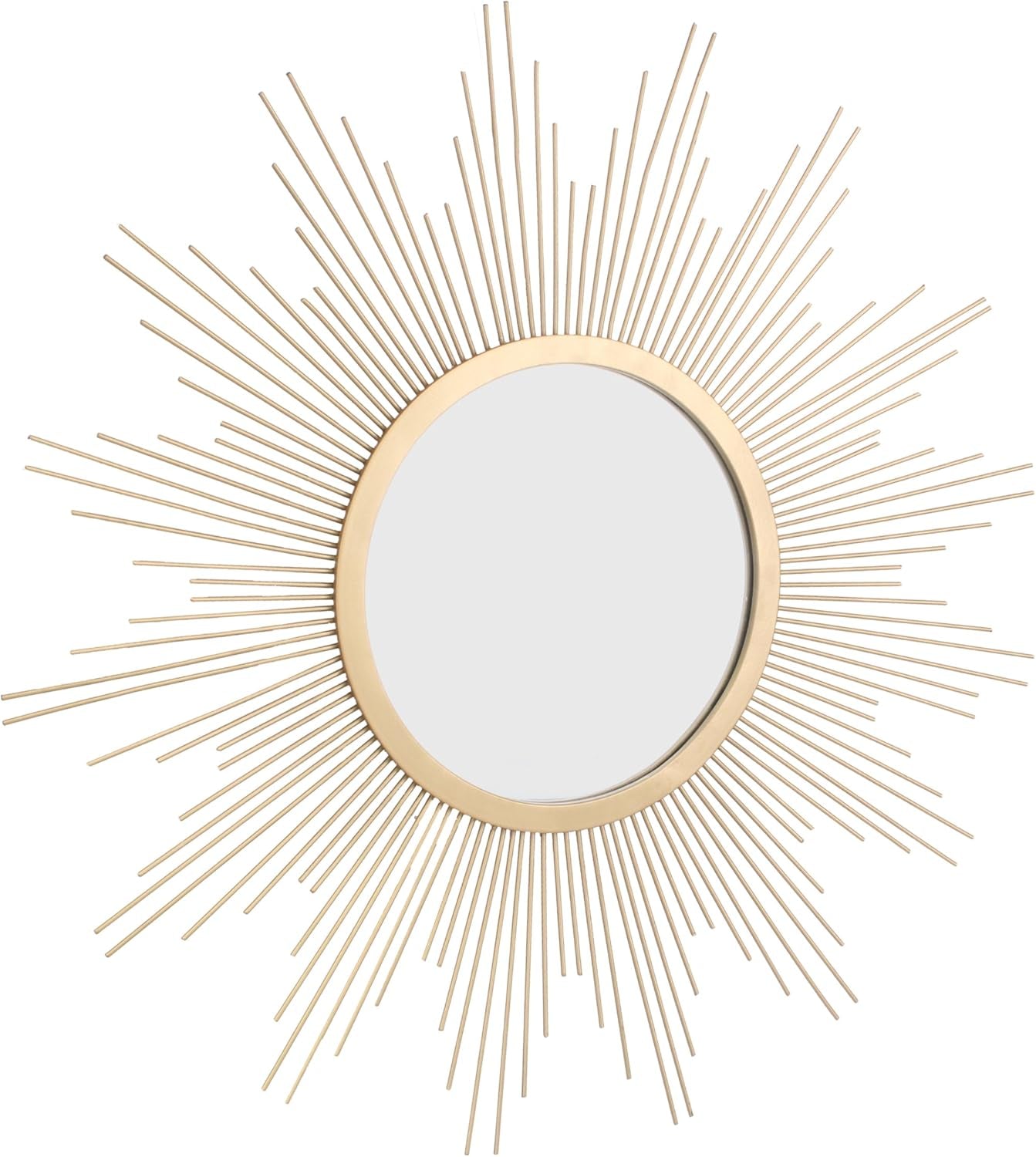 Front view of gold metal starburst mirror on white background showing radial wire frame and bezel
