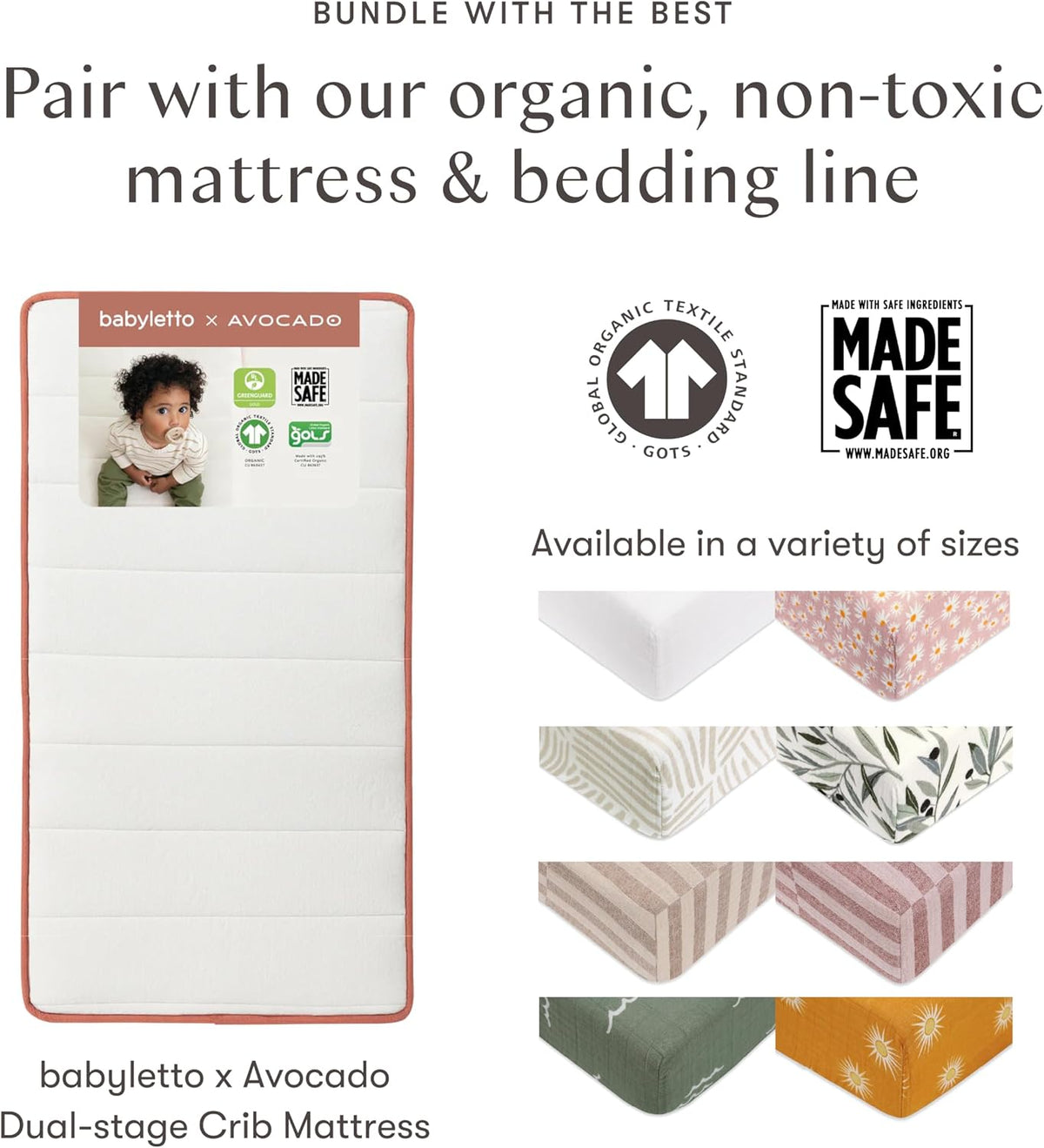 Vertical image of a crib mattress at left and assorted fitted-sheet pattern swatches at right.