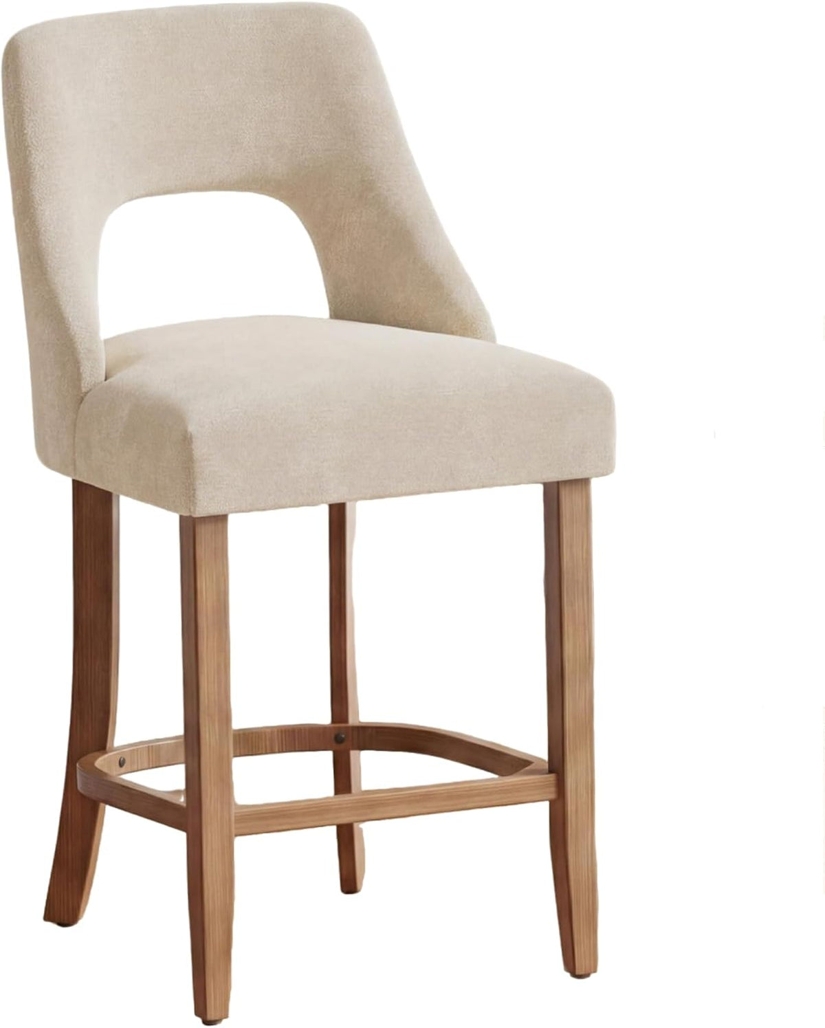 Single beige counter-height stool on white background showing curved back and wooden legs with footrest.
