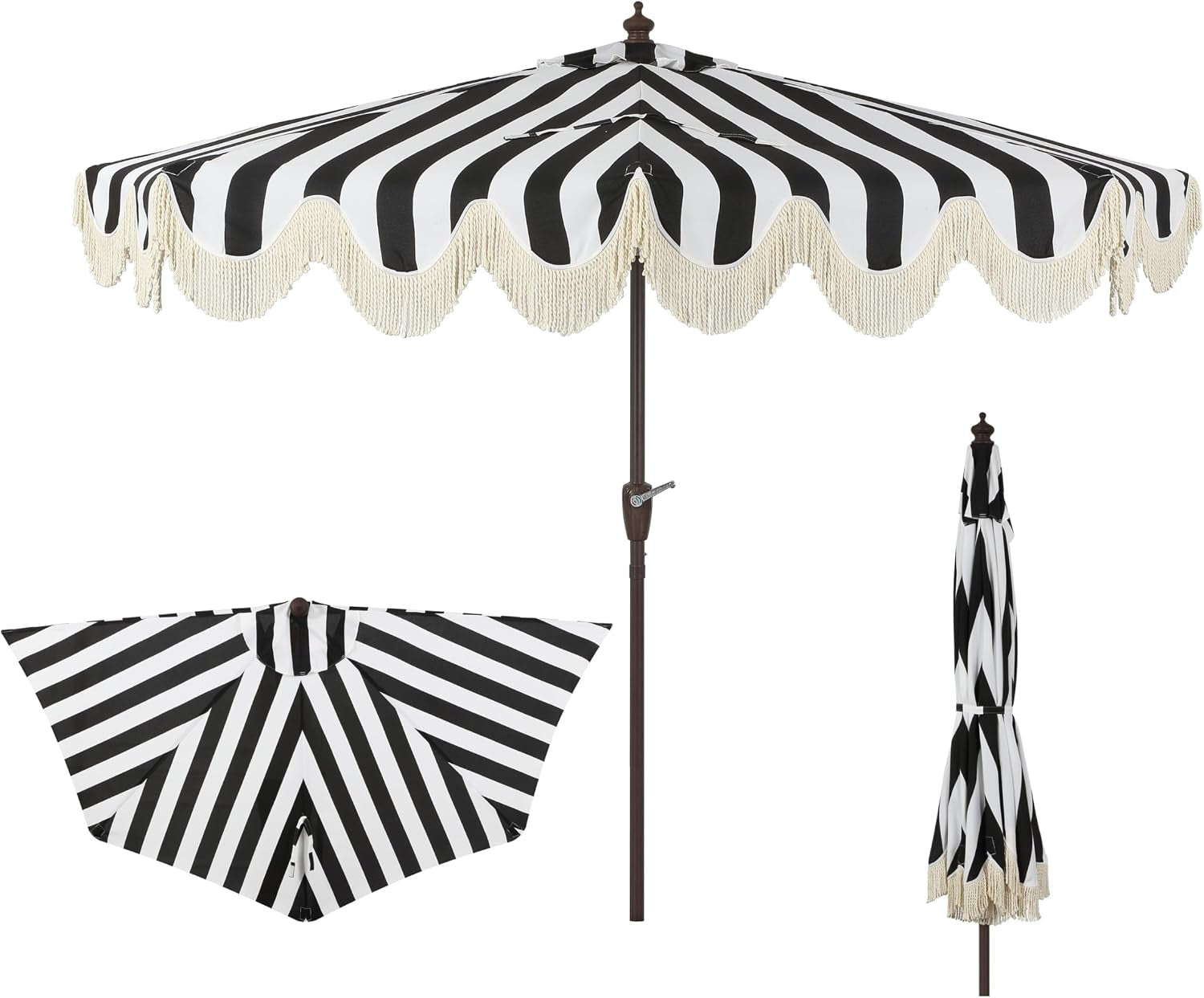 Black and white striped half umbrella with scalloped edge and cream bullion fringe, front view with pole.