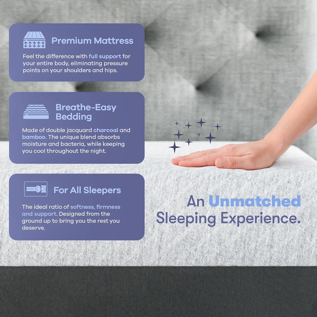 Close-up of hand pressing a quilted mattress surface with breathable cover and informational panels