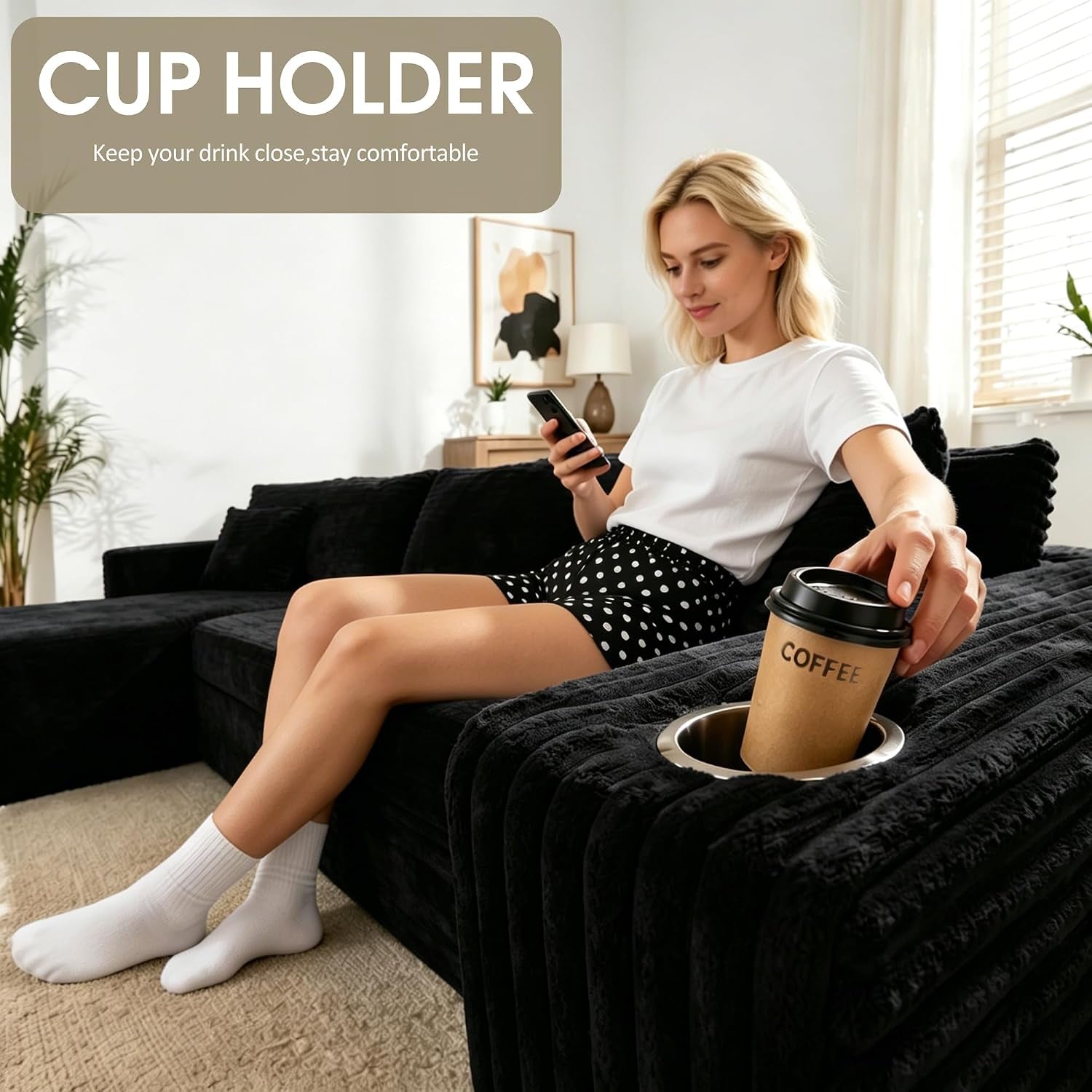 Cloud Sectional Boneless Couches for Living Room,Modular Sectional Sofa with 2 Cup Holders,Memory Foam Cloud Couch with L Shaped Oversized Chaise,No Assembly Needed Plush Corduroy Sofa,Black