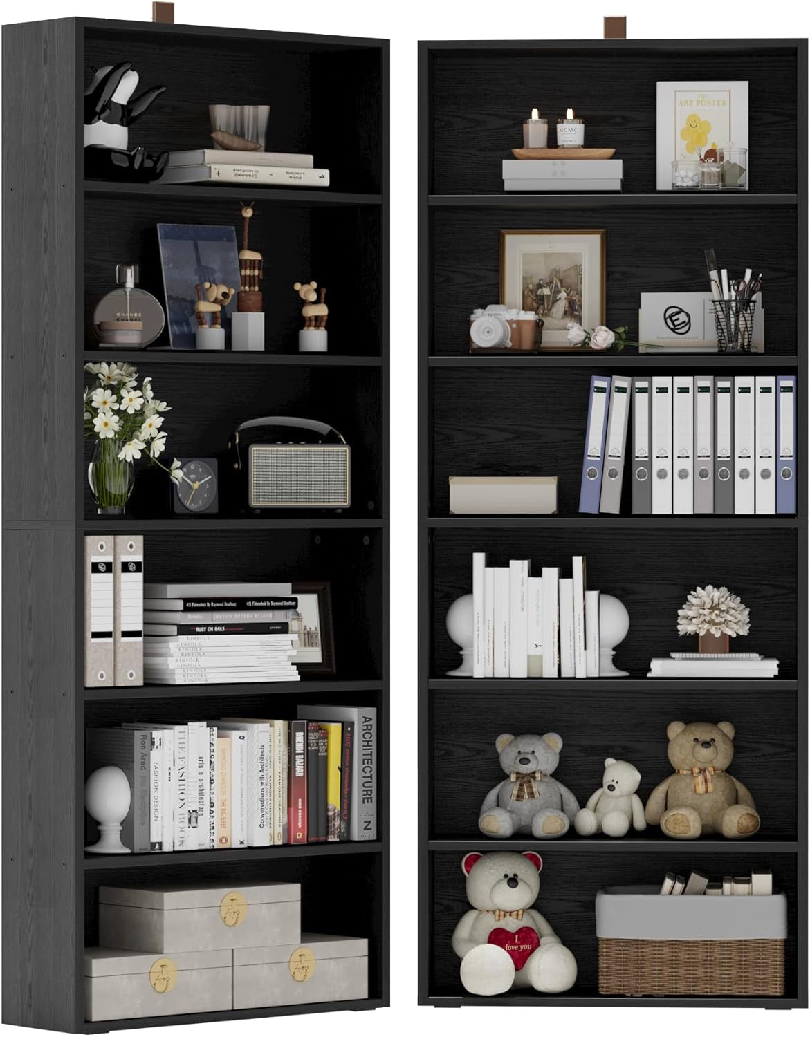 Side-angled view of two black bookcases arranged with binders, books, boxes and a row of teddy bears