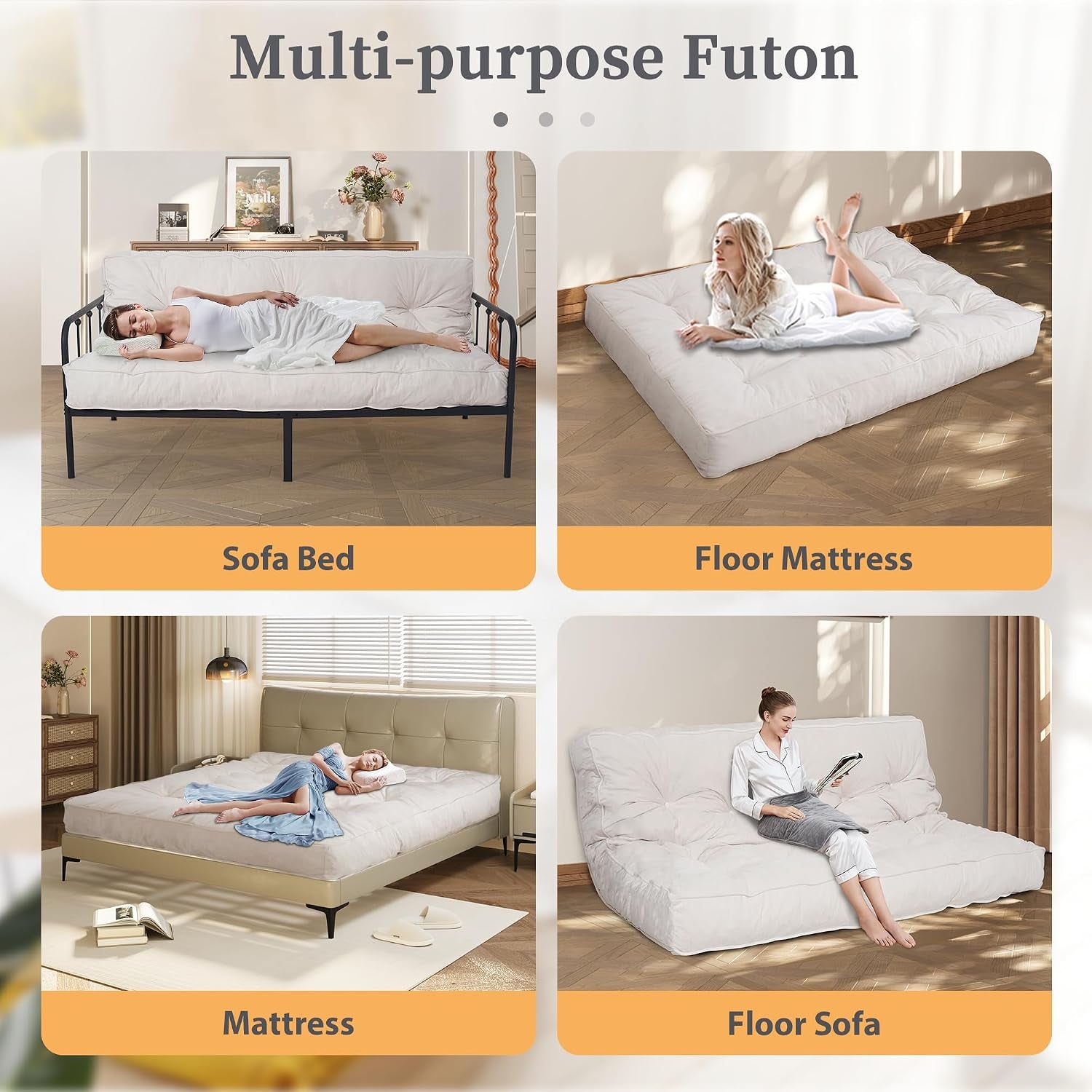Four lifestyle panels showing the futon used as a sofa bed, floor mattress, bed mattress, and floor sofa.