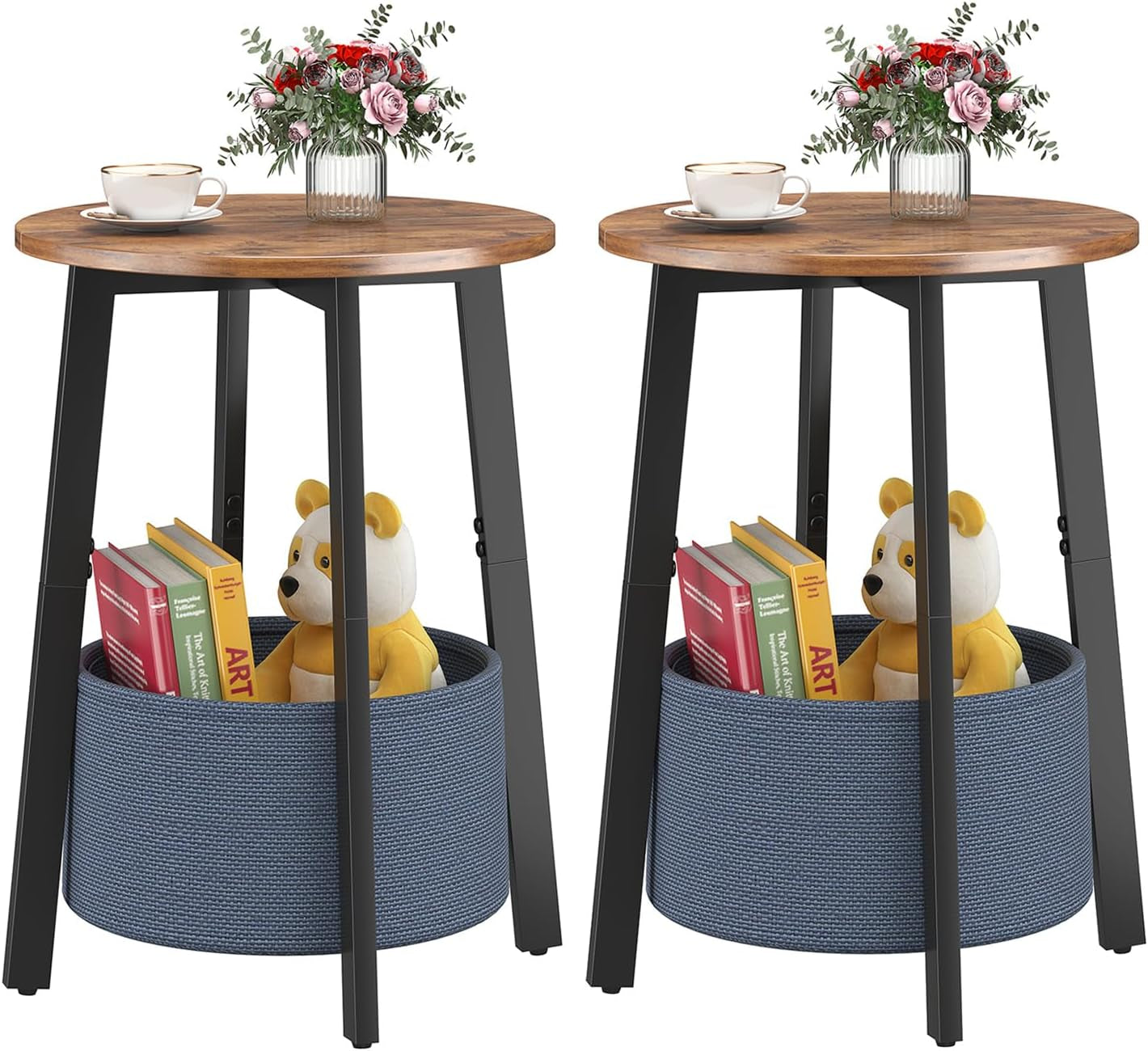 Two brown wood–top round side tables with black legs and blue cloth baskets, displayed as a pair.