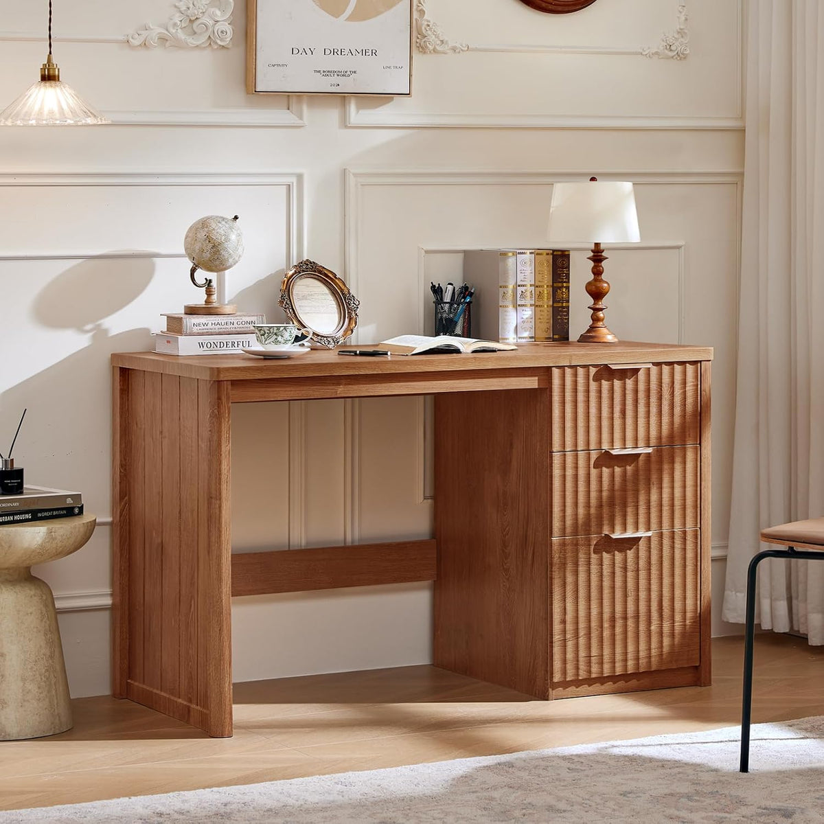 LEYAOYAO Office Desk 48" with 3 Drawers Storage File Cabinet | Wood Fluted Work Study Escritorio Desks for, gallery view 13