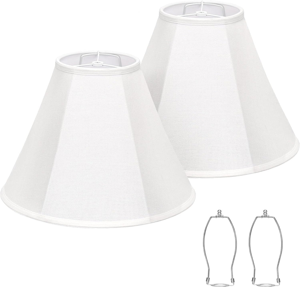 Close-up front view of two bell lampshades showing their inner spider frames; two harp holder drawings at lower right.
