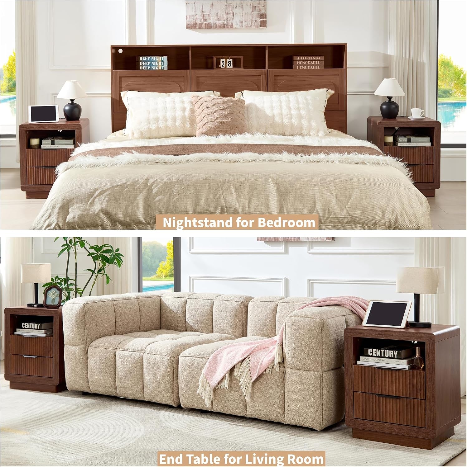 Bedroom and living room styling images showing the nightstand used as a bedside table and as an end table