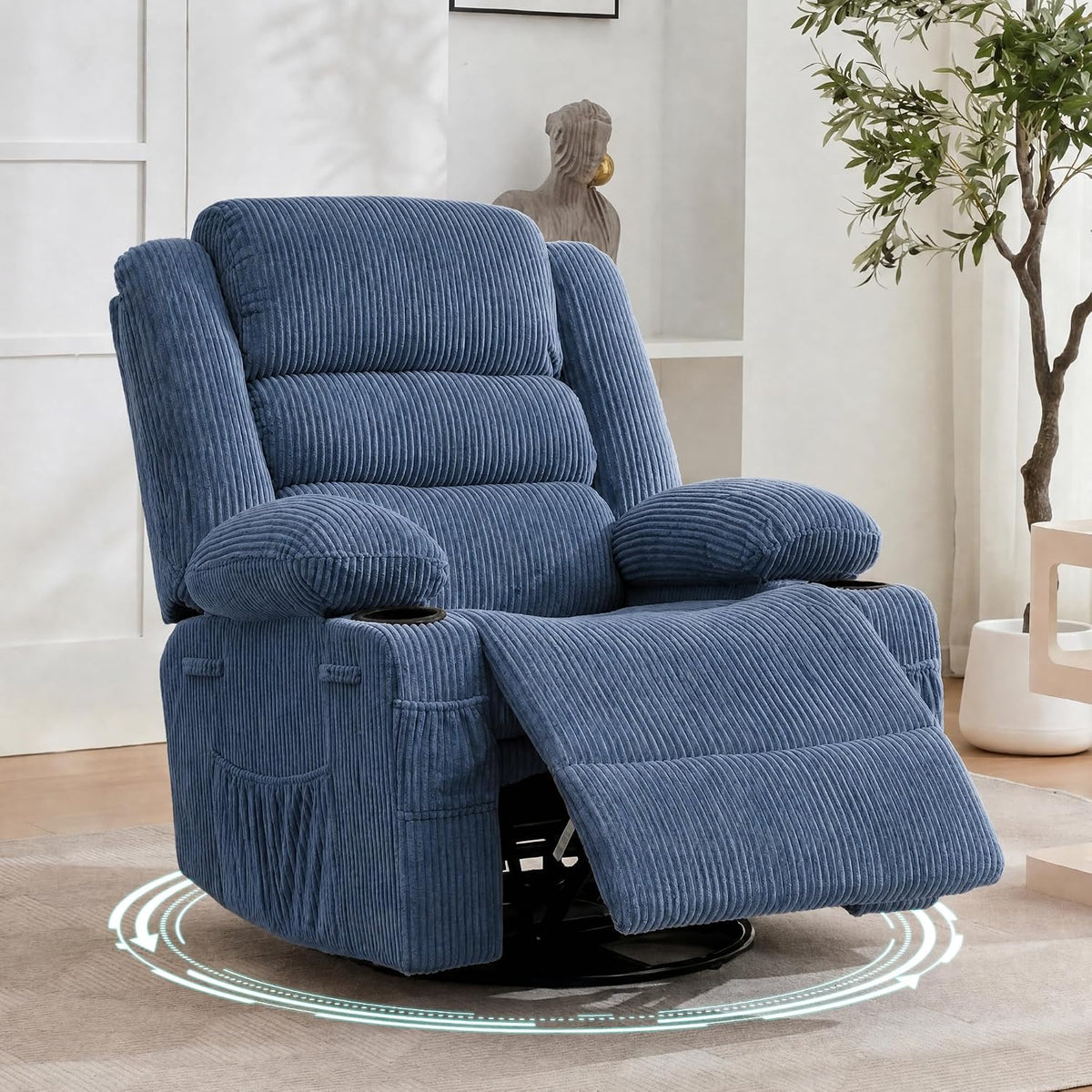 Navy blue corduroy recliner with footrest extended, showing the round metal swivel base beneath.