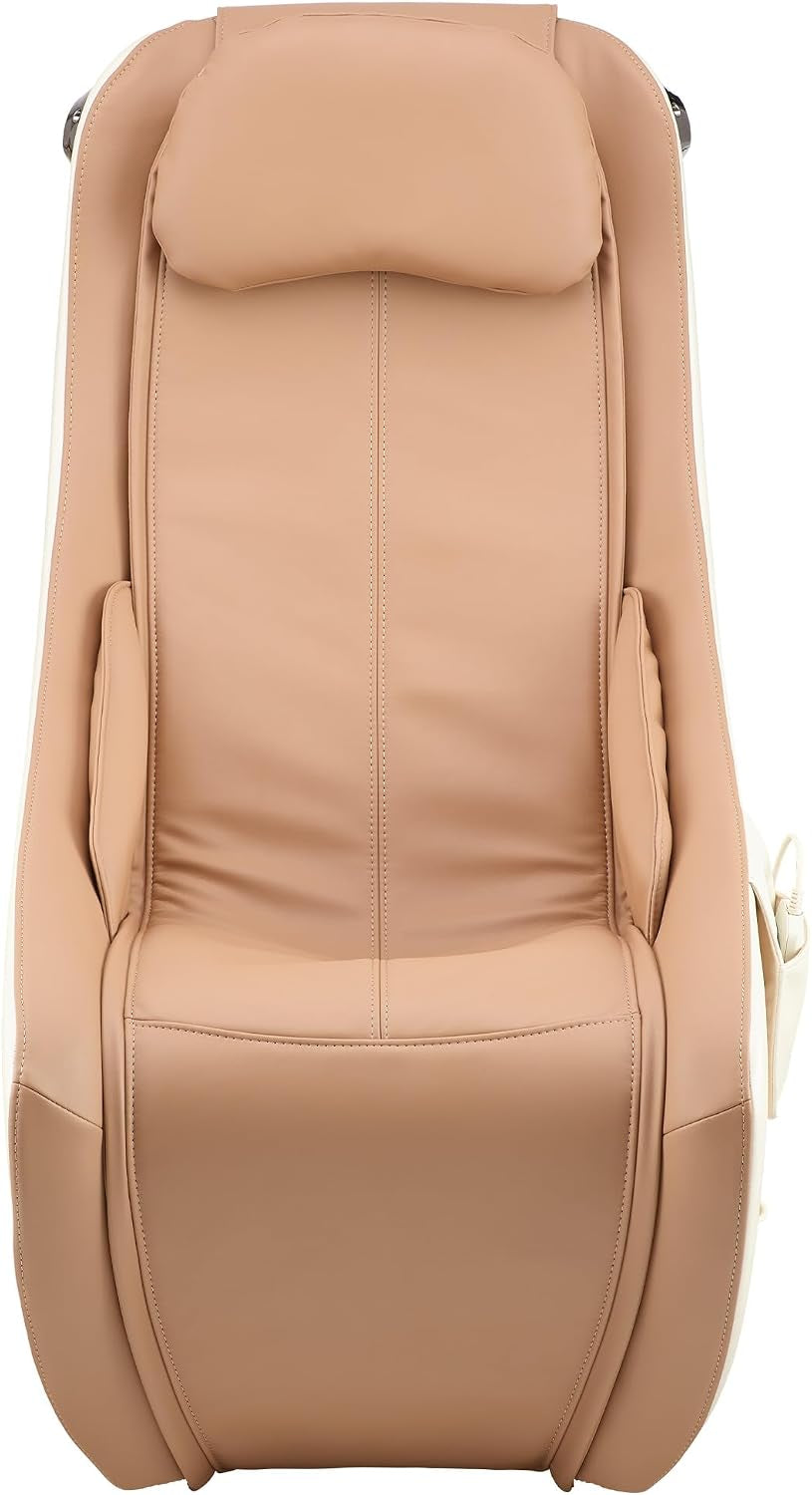 Top-down view of tan seat and padded headrest of the massage chair, high angle