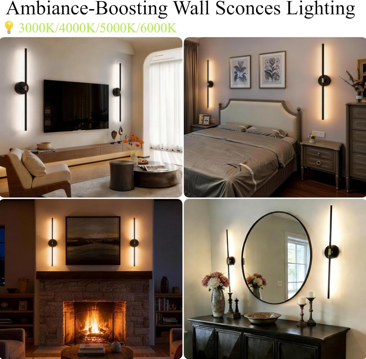 Collage of rooms showing black vertical wall sconces installed beside a TV, bed, fireplace and round mirror.