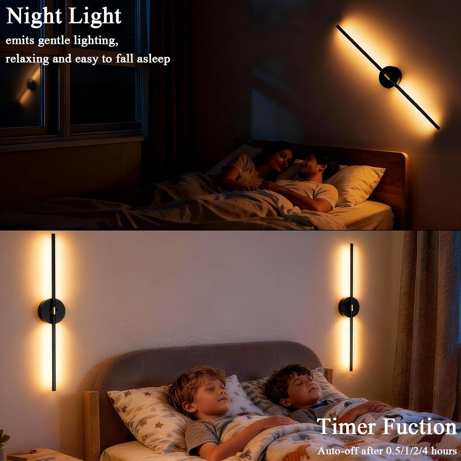 Two night scenes: a diagonal sconce above a couple in bed and a pair of vertical sconces softly lighting two sleeping