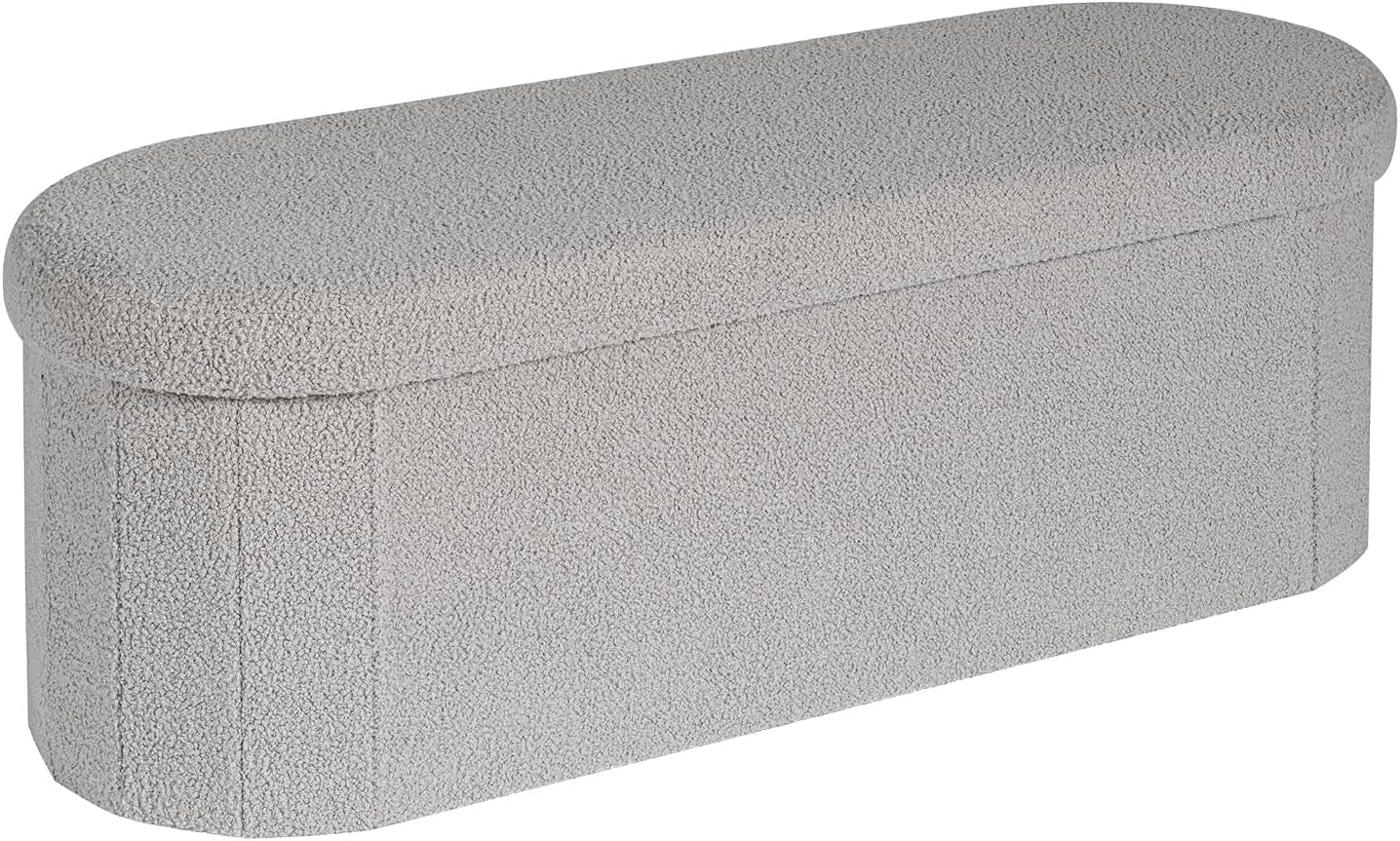 Long light gray sherpa bench with rounded top, visible front panel and left rounded corner