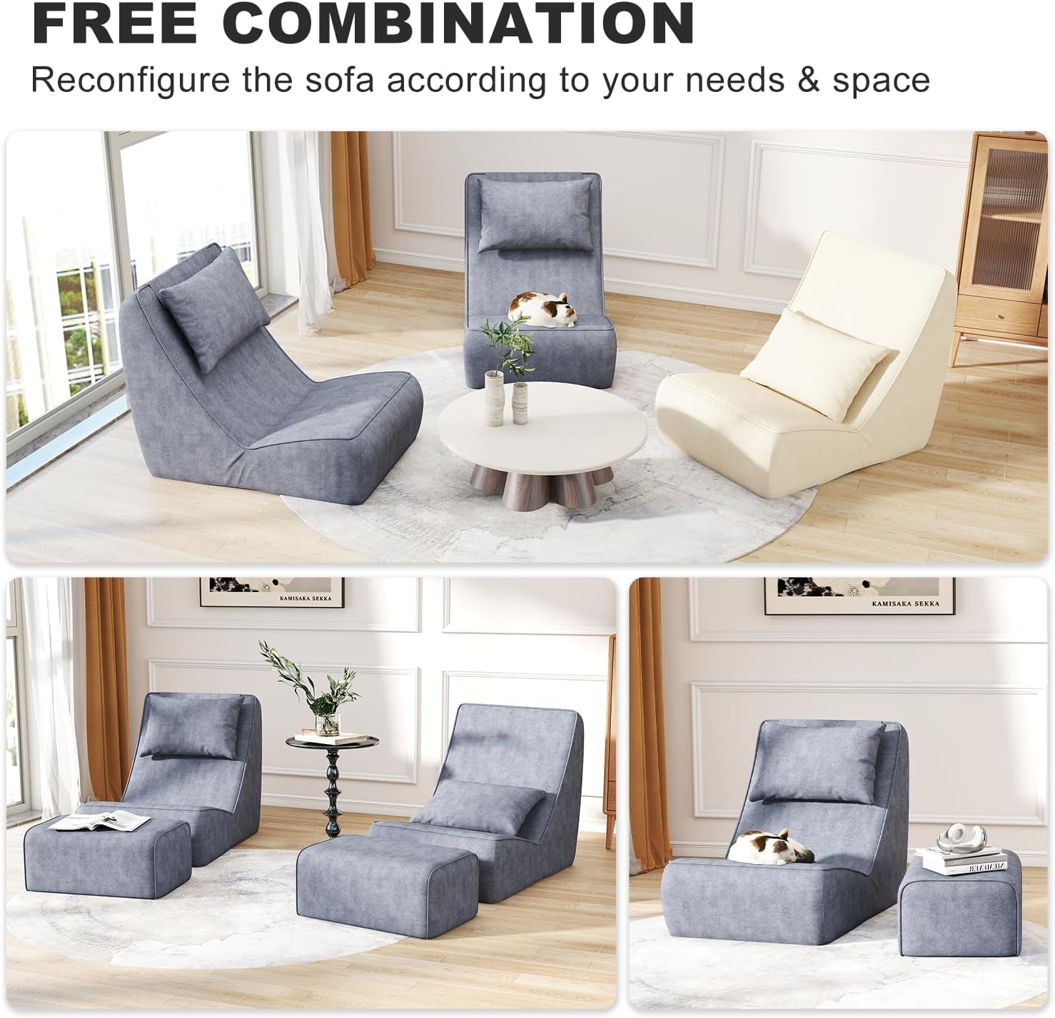 Three chaise lounges in gray and cream around a round rug and low coffee table in a bright room.