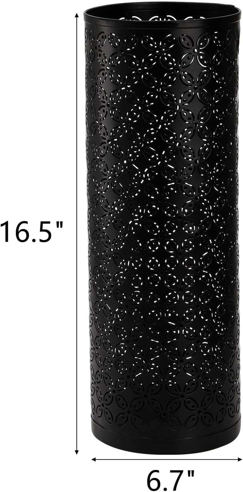 Black perforated umbrella stand shown with height and width markers