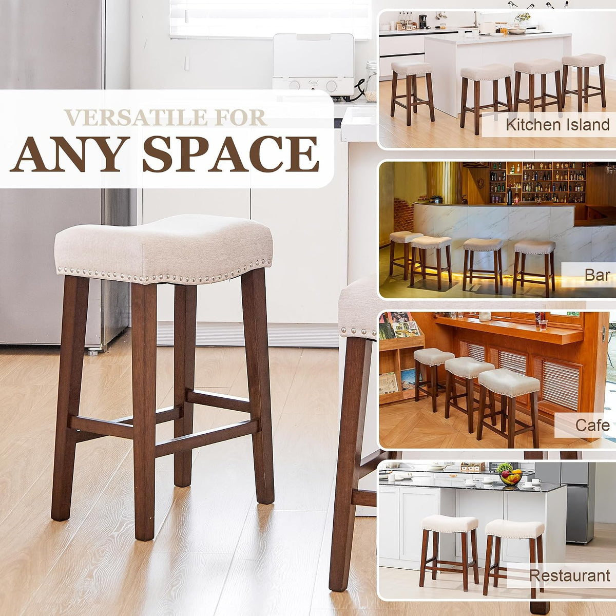 Beige upholstered bar stool on a wood floor with inset images showing stools used at a kitchen island, bar, café and