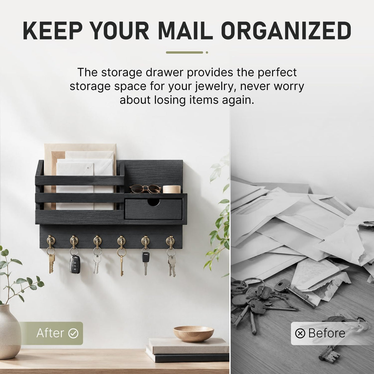 Split image: left shows the neat mounted key organizer with keys hanging, right shows a messy pile of envelopes and loose