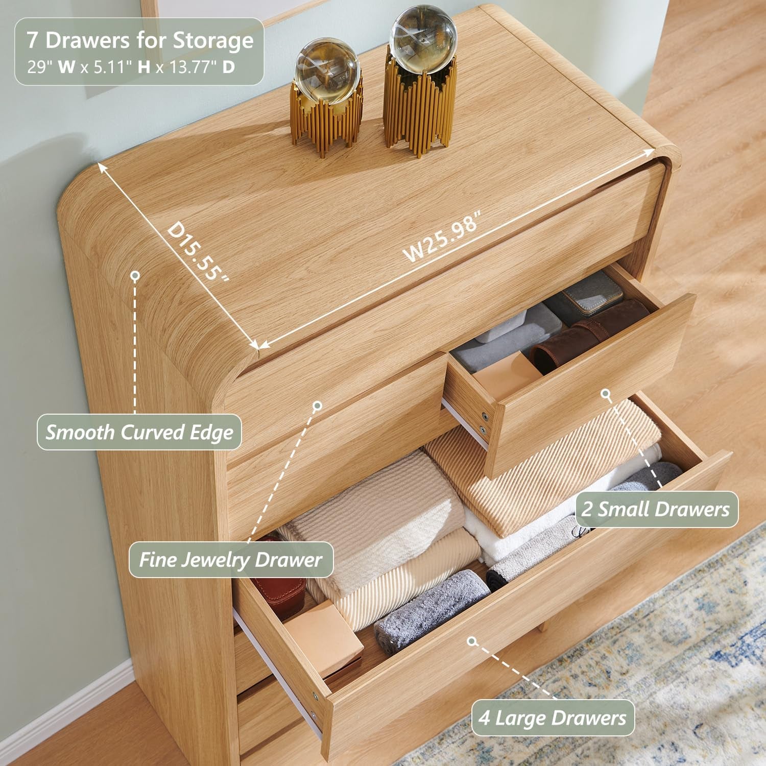 Top-down view of natural oak dresser showing open drawers, smooth curved edge and dimension labels