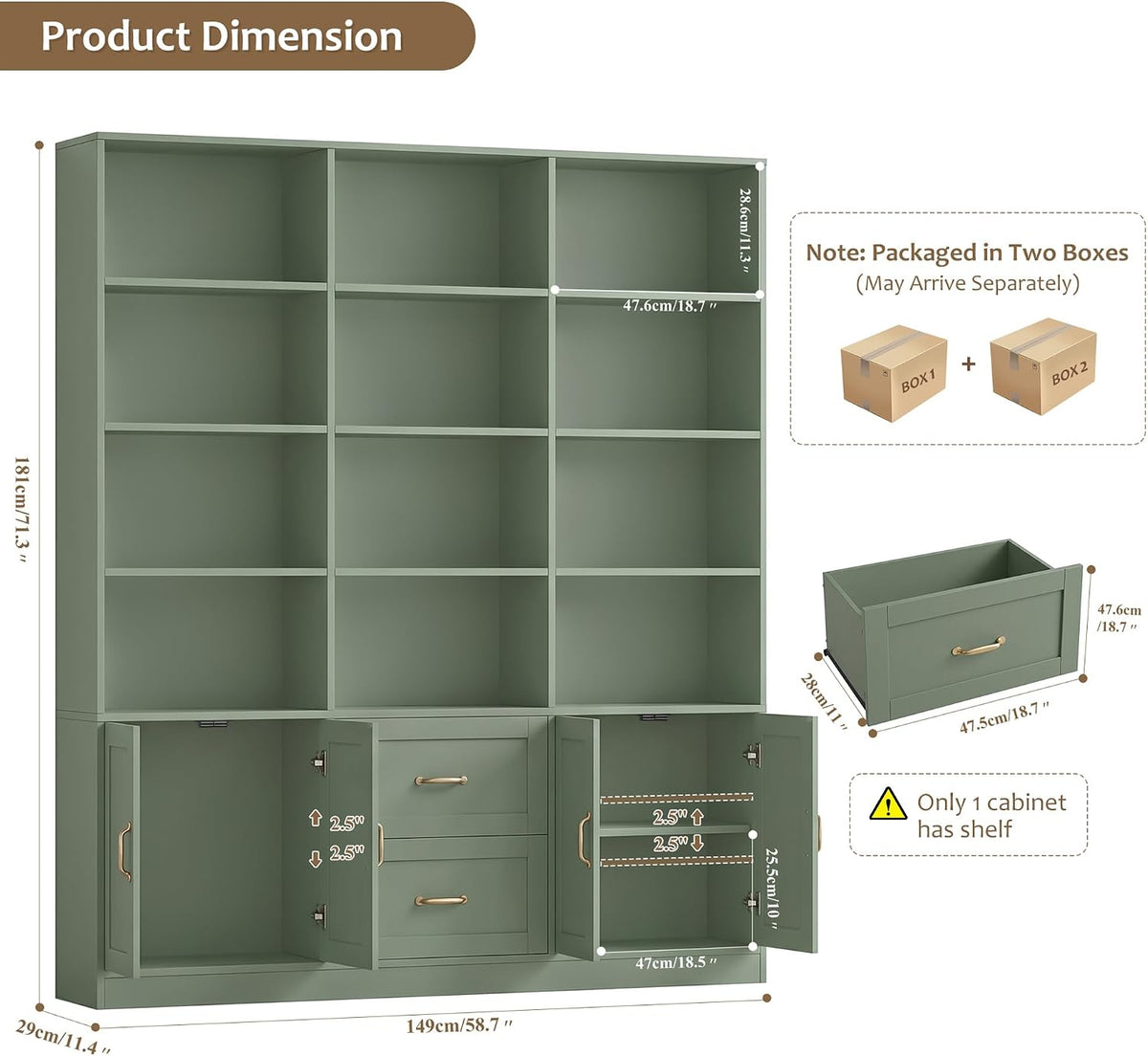 Dimensional diagram of the bookshelf showing 71 in H x 58.6 in W x 11.4 in D and drawer details.