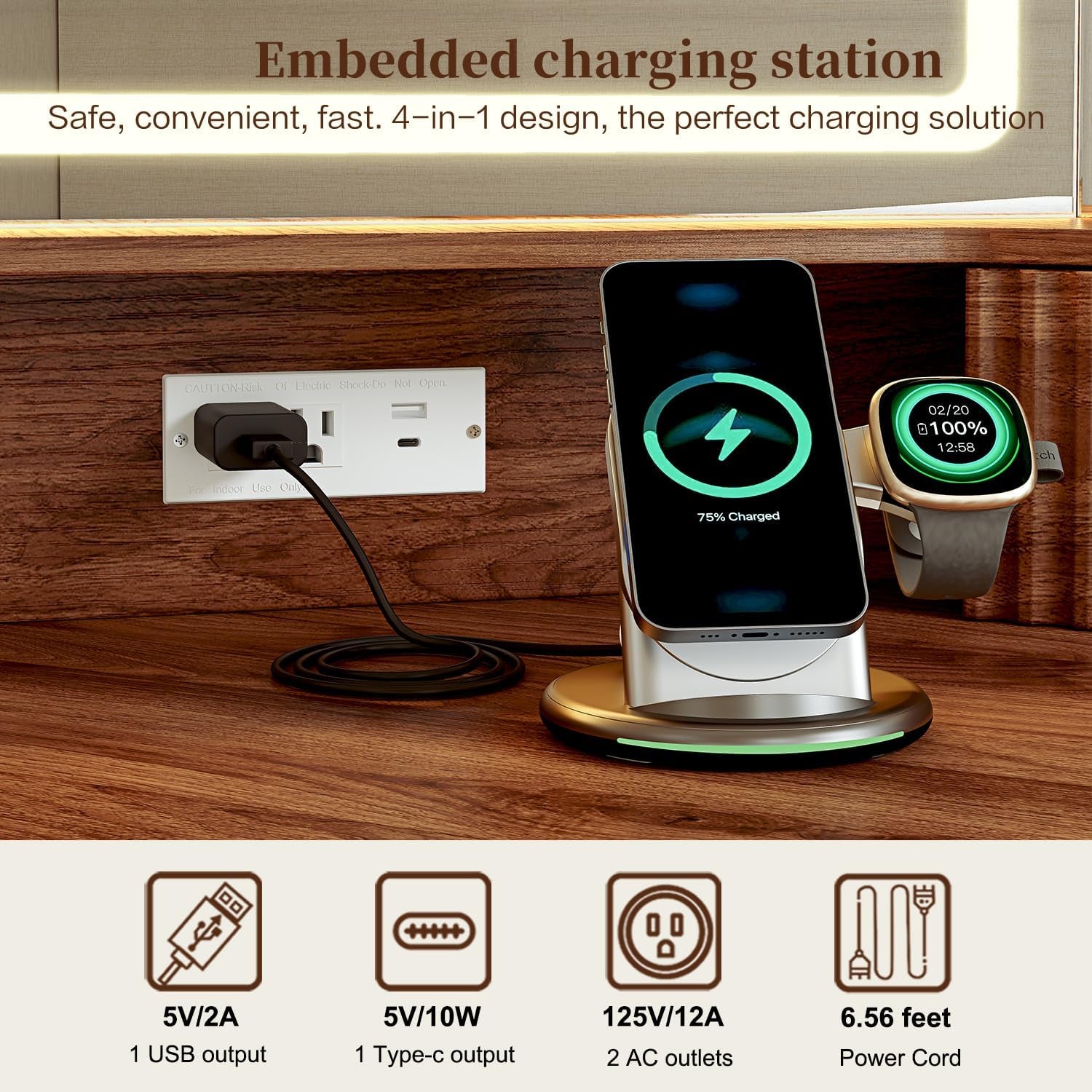 Built-in power strip and charging setup on vanity top showing AC outlet, USB and Type-C ports