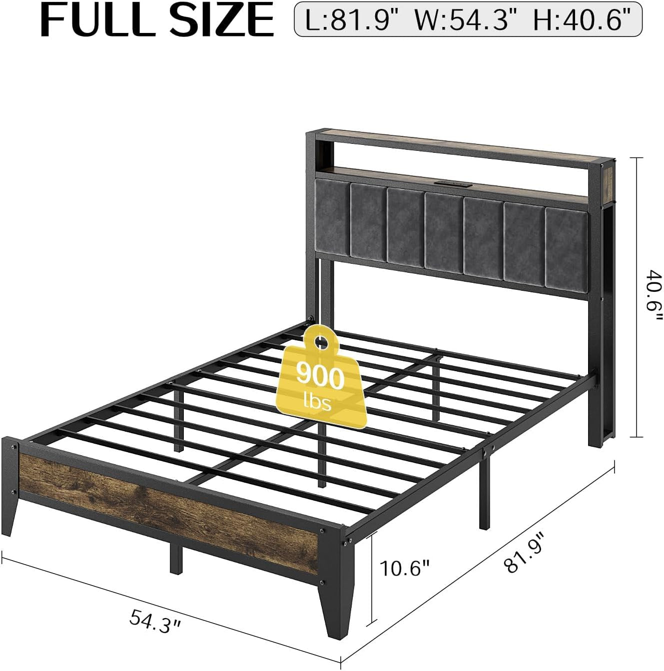 Diagram view of metal platform frame showing slats, support legs and full-size dimensions