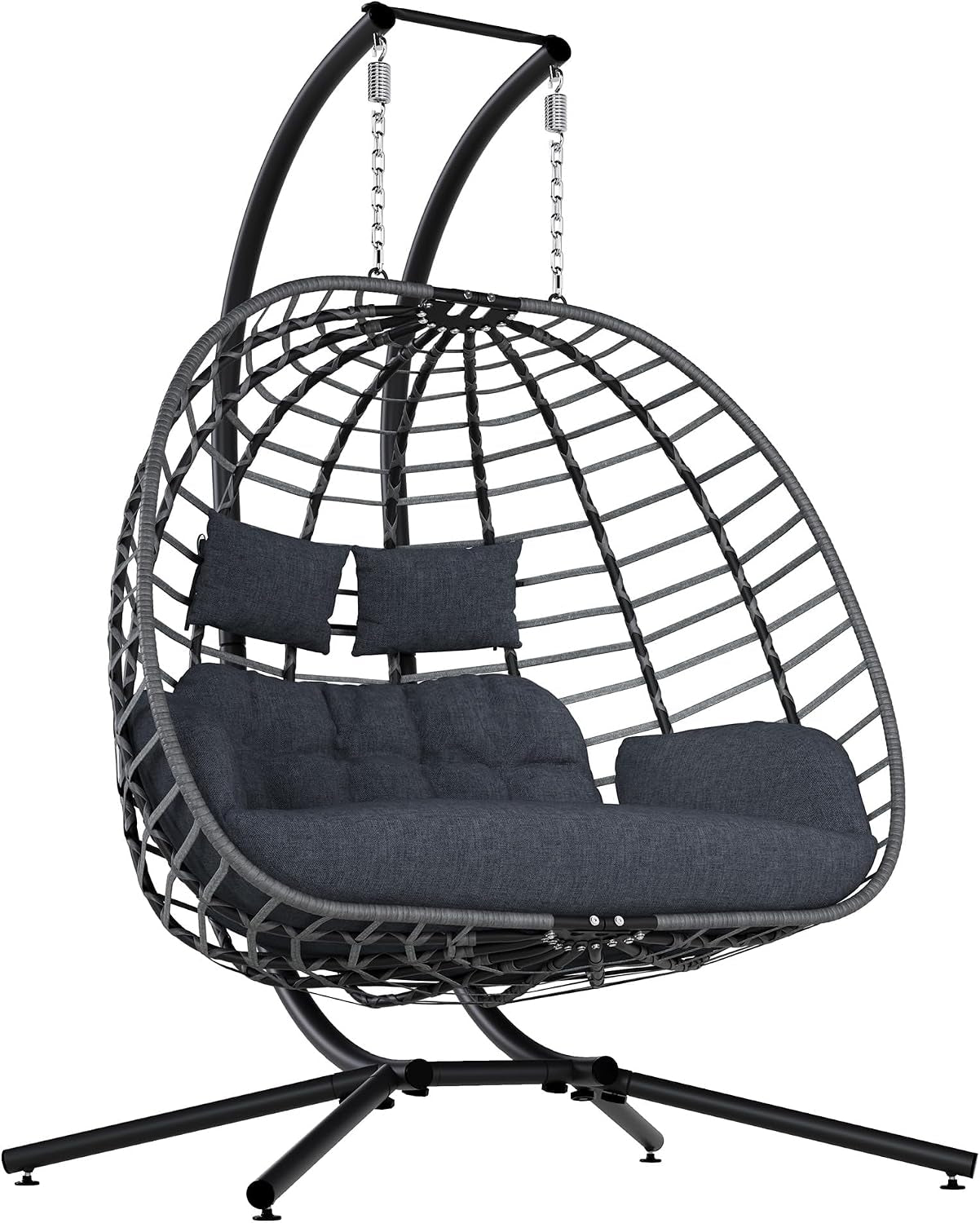 Dark gray double egg hanging chair with 6-inch cushion and freestanding black stand, front angled view