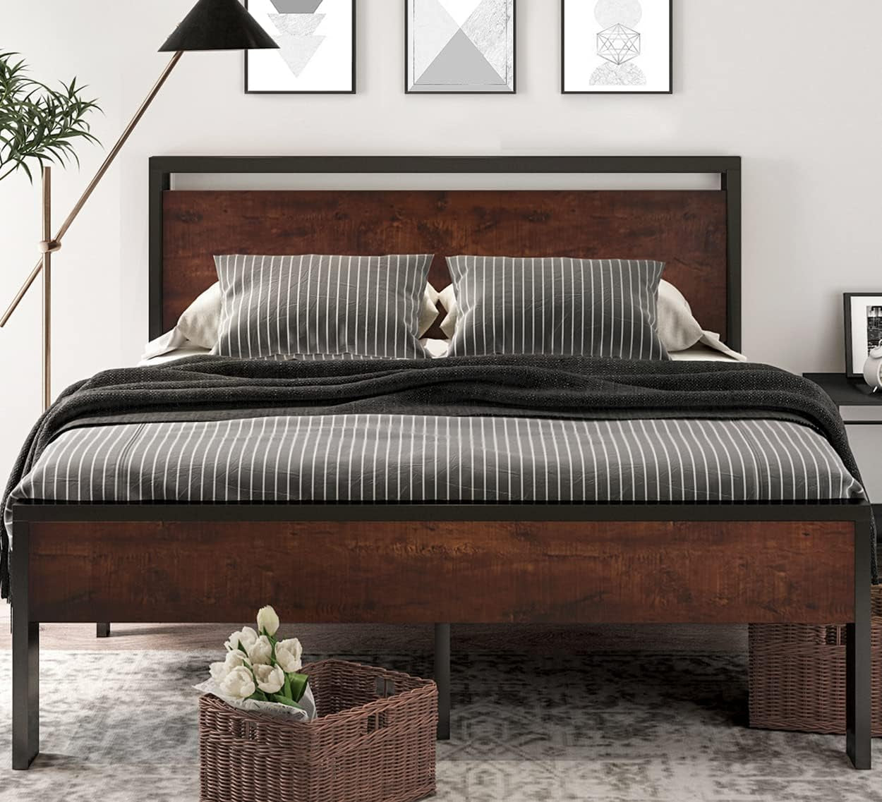 Front-facing view of bed showing wooden headboard and footboard with metal frame and under‑bed storage