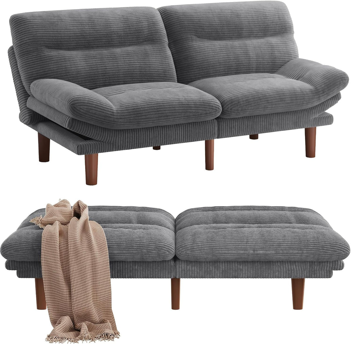 Gray corduroy futon sofa folded upright with wooden legs, shown with matching ottoman below