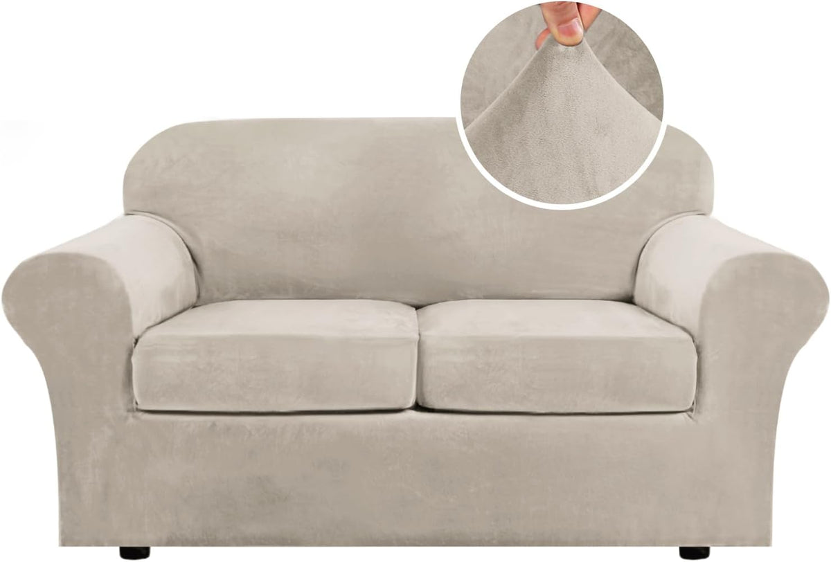 Beige two-seat sofa covered in a soft stretch slipcover, inset shows fabric texture.