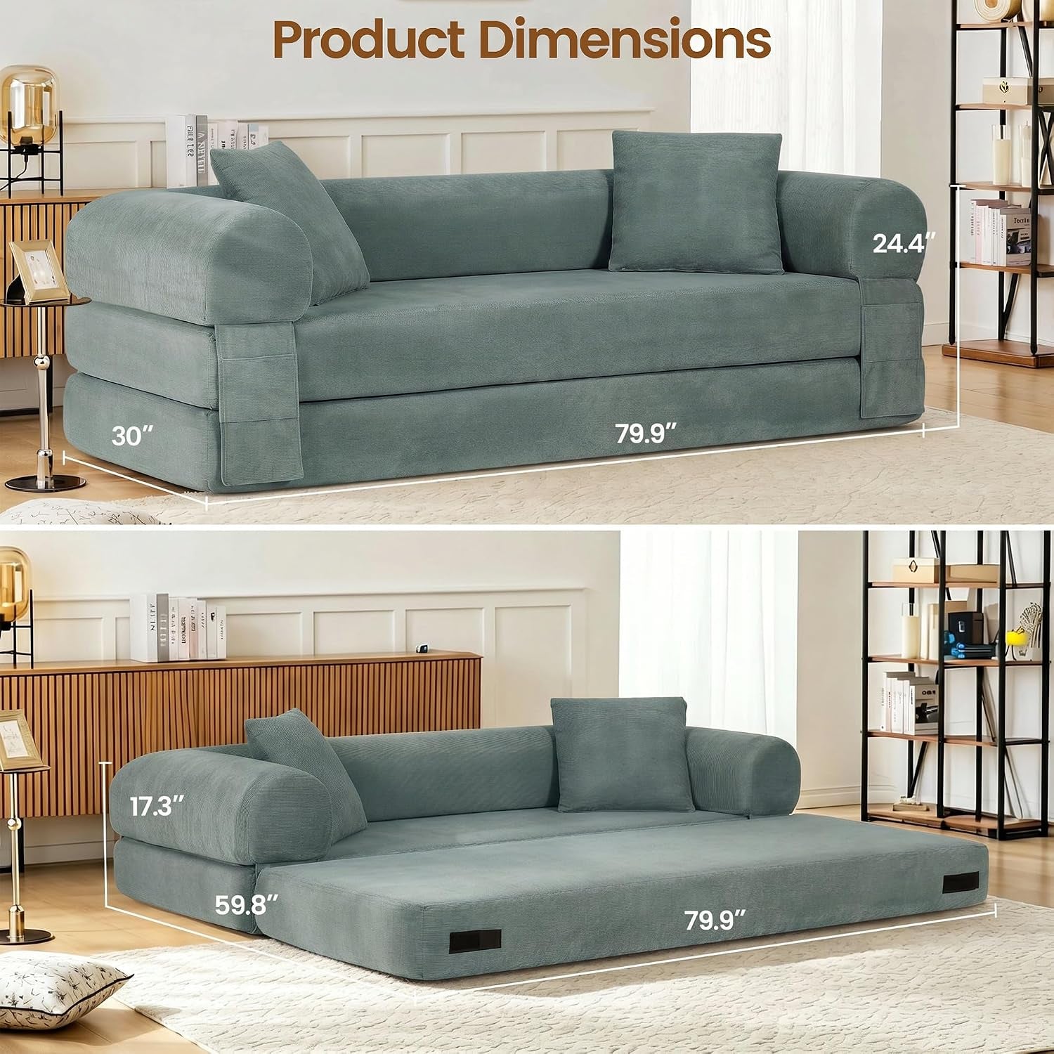 Light green sofa showing dimensions and the sofa unfolded to a low queen sleeping surface in a bright room