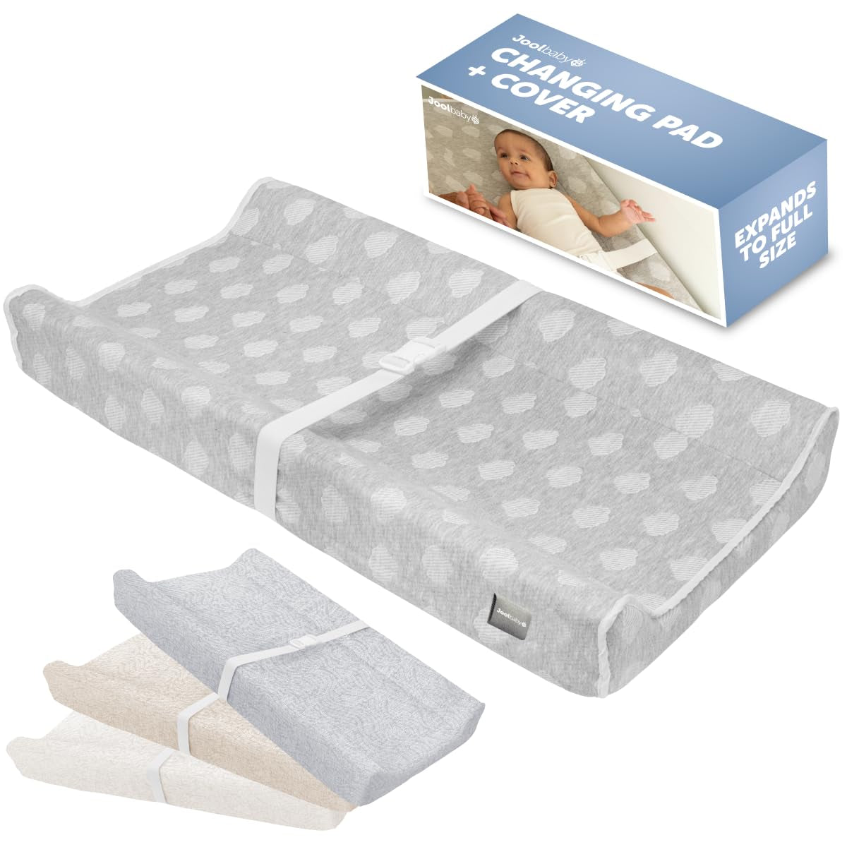 Grey contoured baby changing pad with white cloud pattern, strap and boxed packaging shown