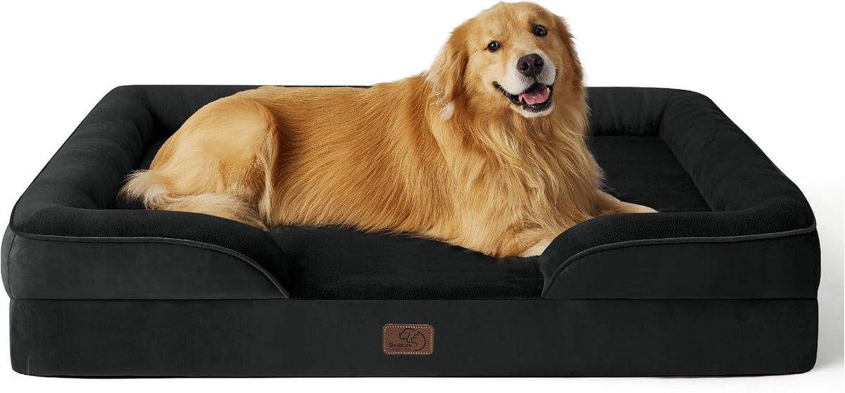 Front view of a black rectangular bolster bed with a golden retriever lying and facing the camera.