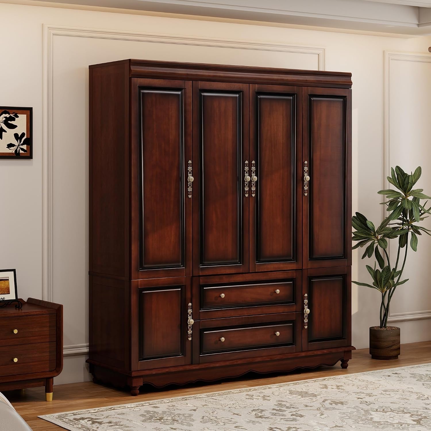 Angled front-right view of the cherry finish solid wood wardrobe in a staged bedroom setting