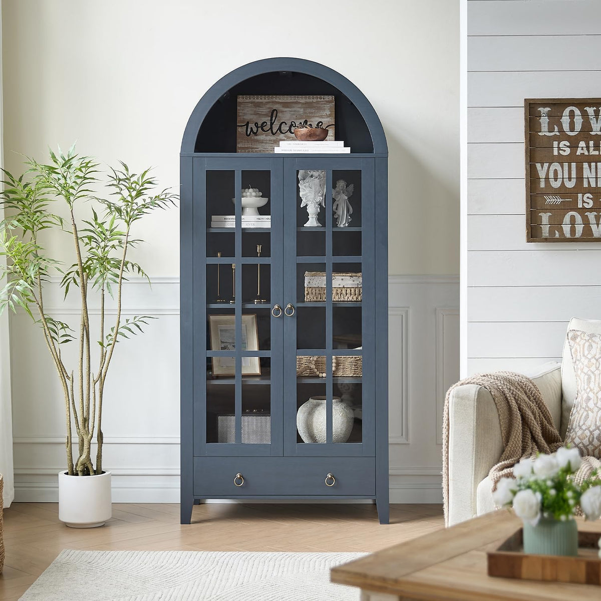 Blue arched cabinet styled in a living room with plant on the left and a sofa on the right.