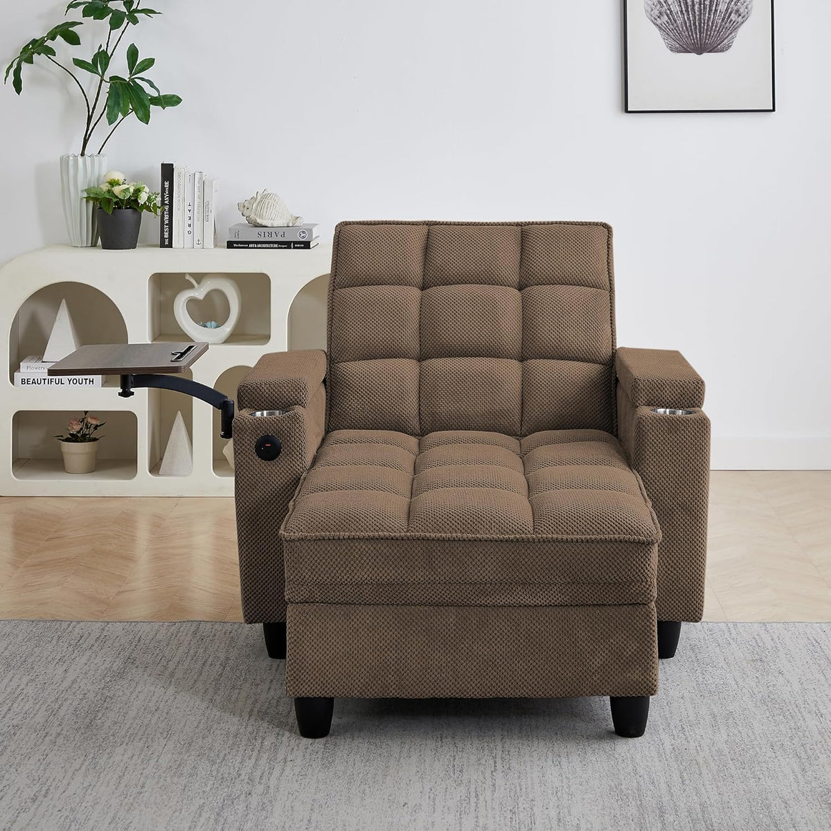 Front view of brown tufted chenille chaise lounge showing square tufting, armrests and elevated backrest