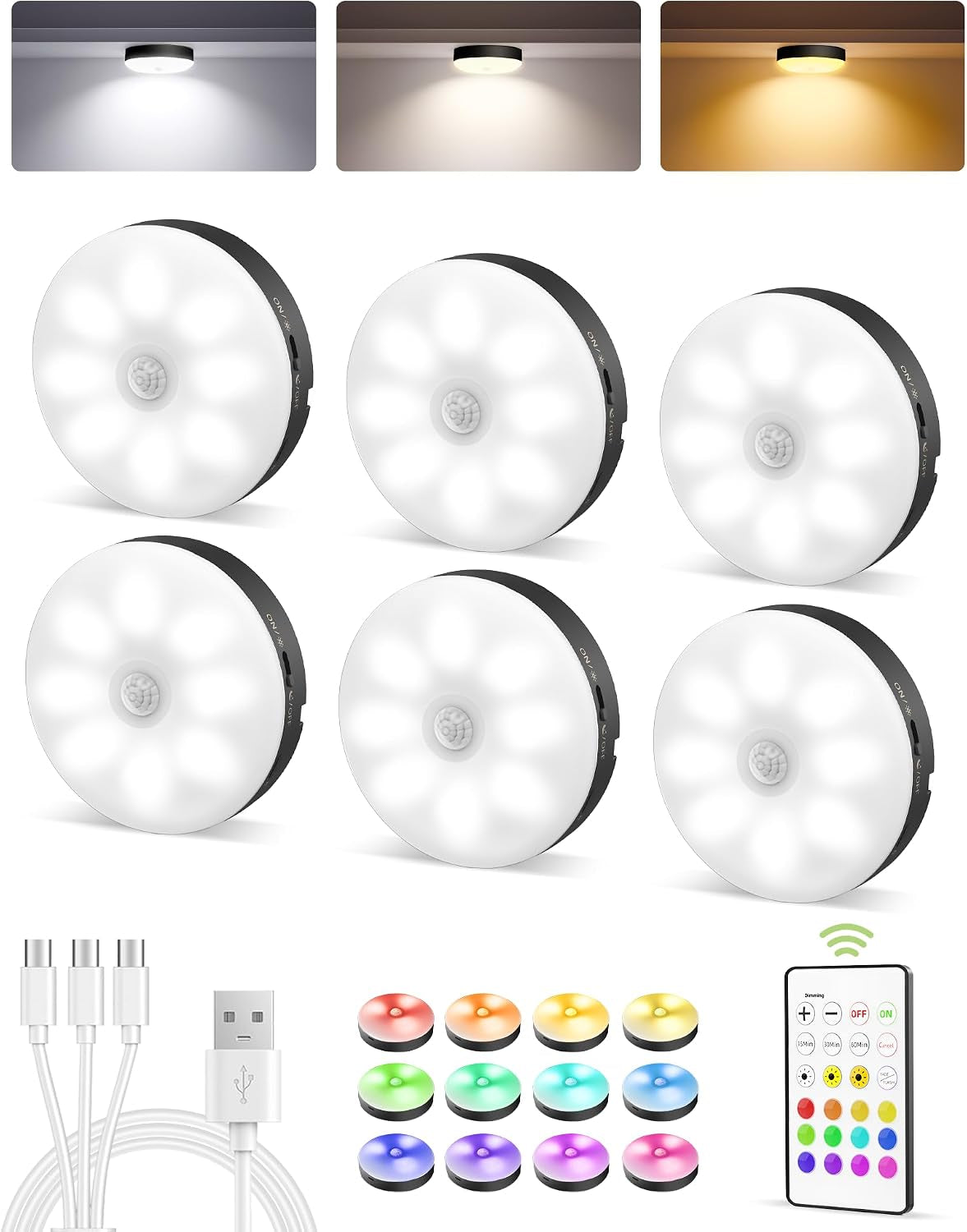 Flat lay of six round puck lights showing side profiles and center motion lenses, USB cable and remote