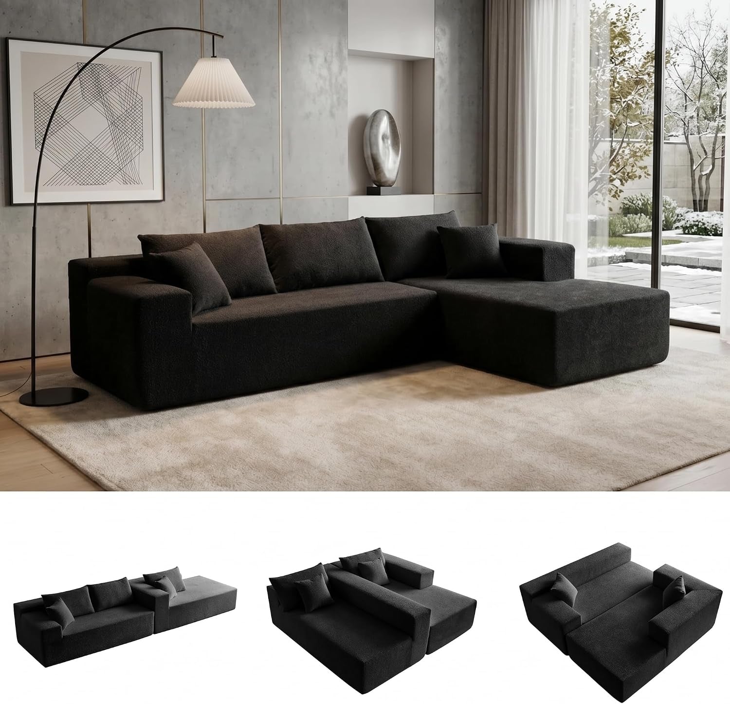 Right-facing L-shaped modular sectional with chaise in a modern living room