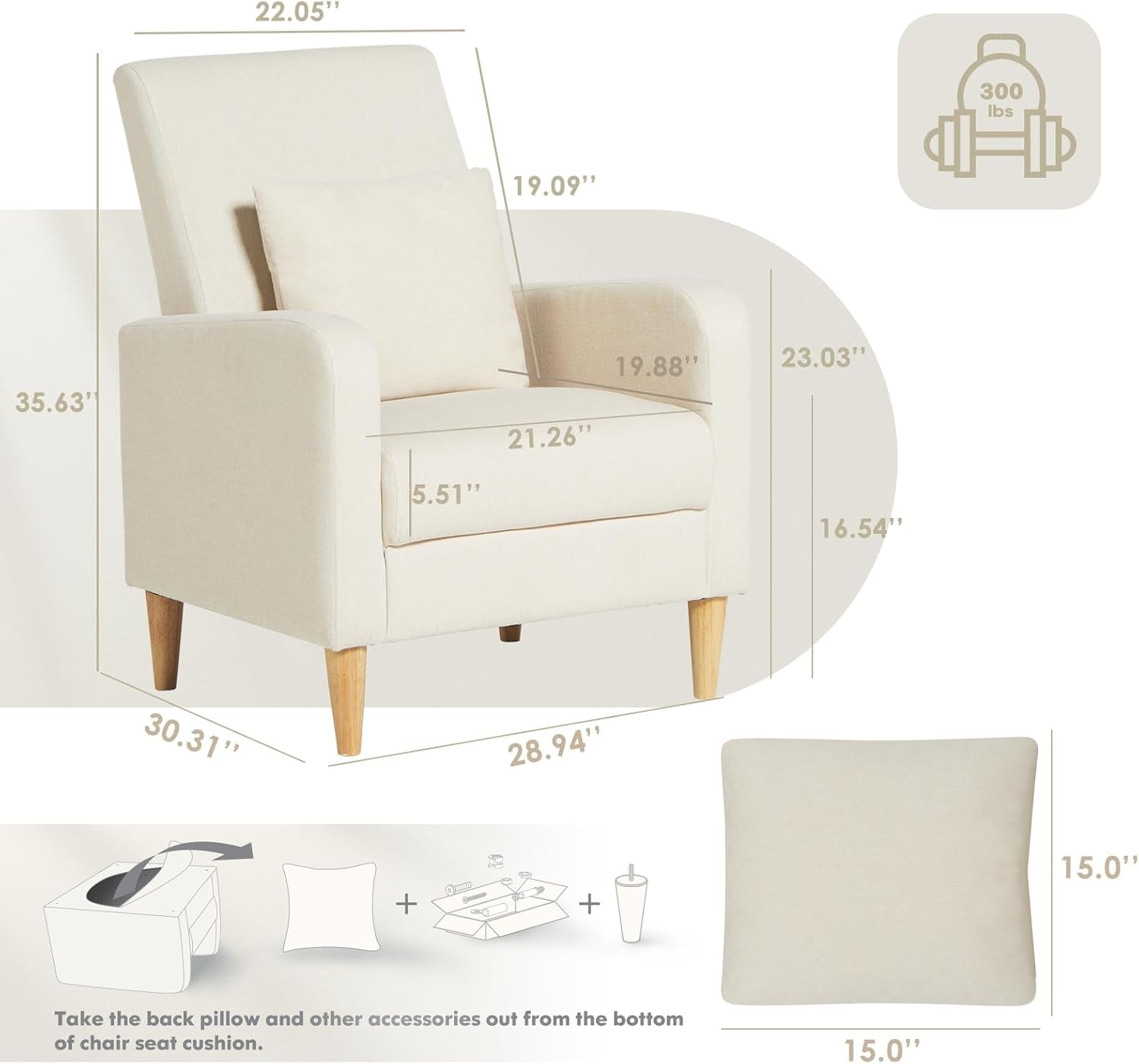 Beige chair diagram with measurement callouts and separate 15.0" square pillow illustration