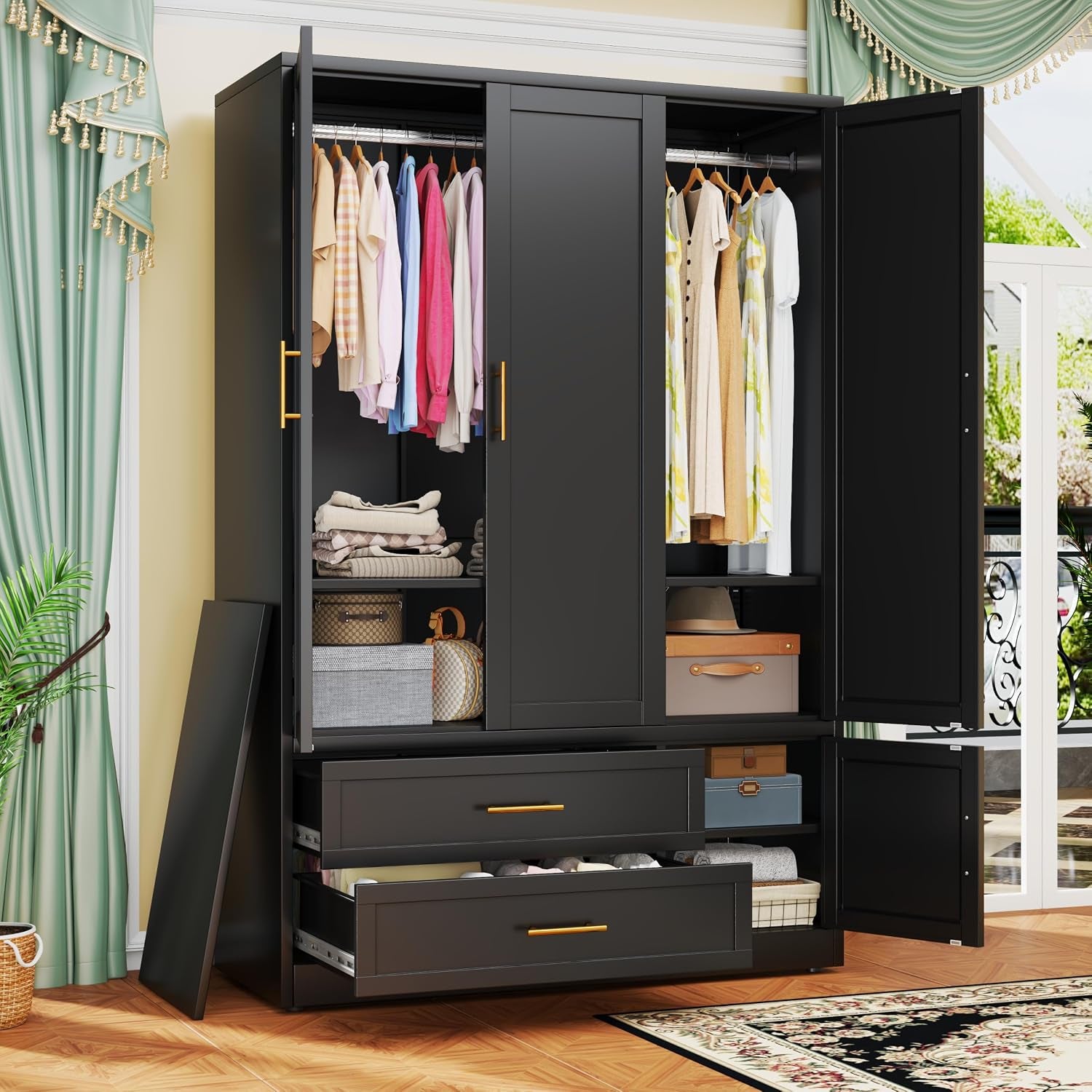 Black metal wardrobe with both doors open revealing two hanging sections, shelves with boxes and two partially open bottom