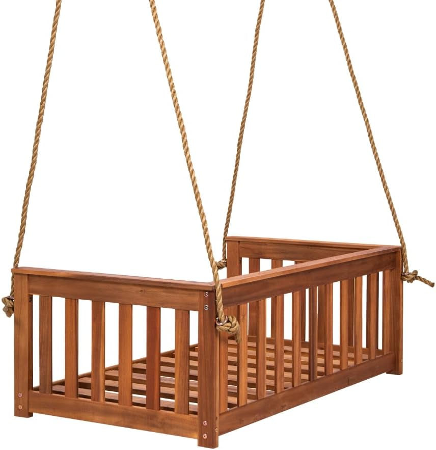 Angled view of acacia daybed swing showing rope knots, slatted base, and corner posts