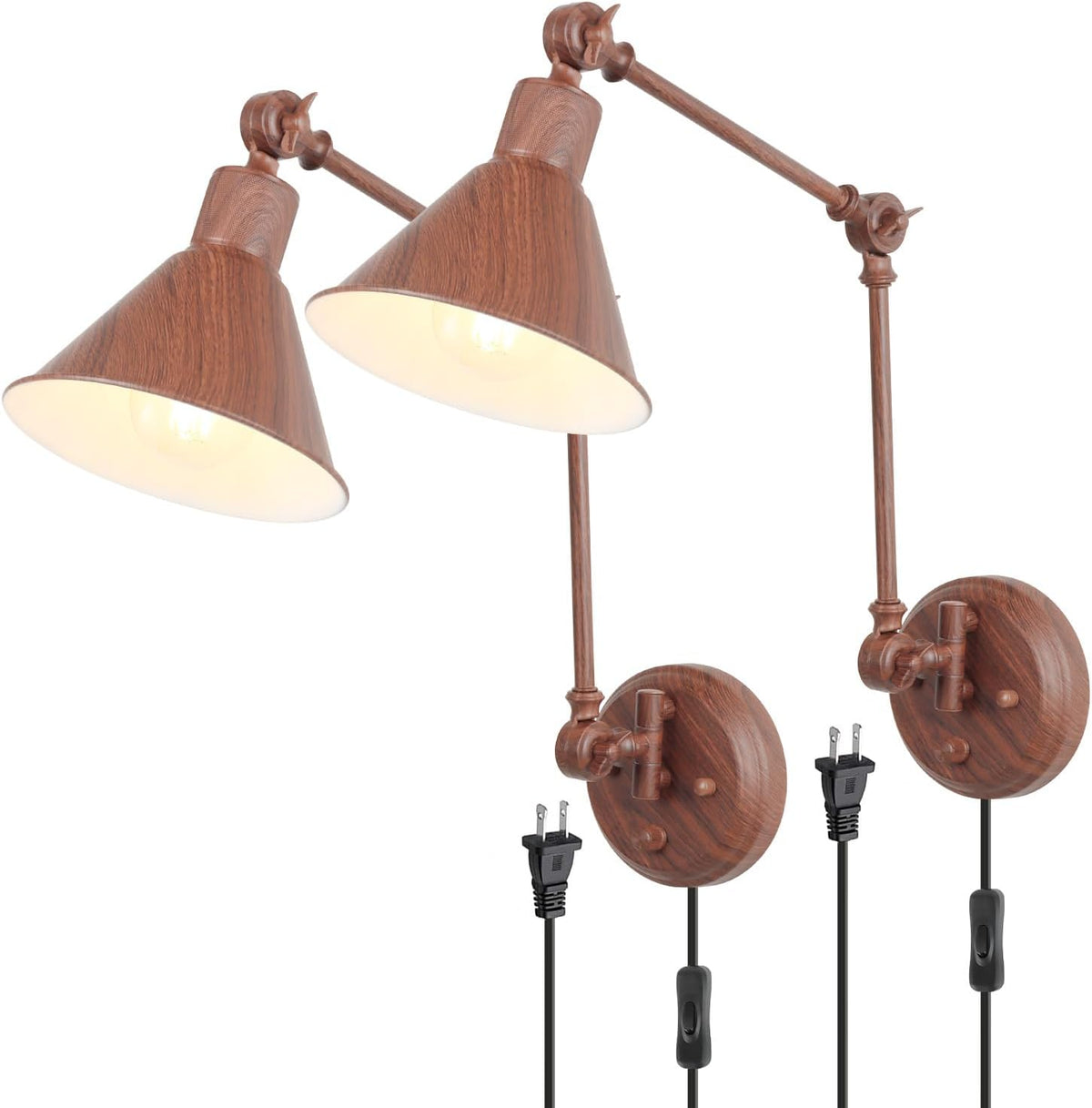 Close side view of two wood‑grain brown adjustable swing‑arm wall sconces with black cords and inline switches