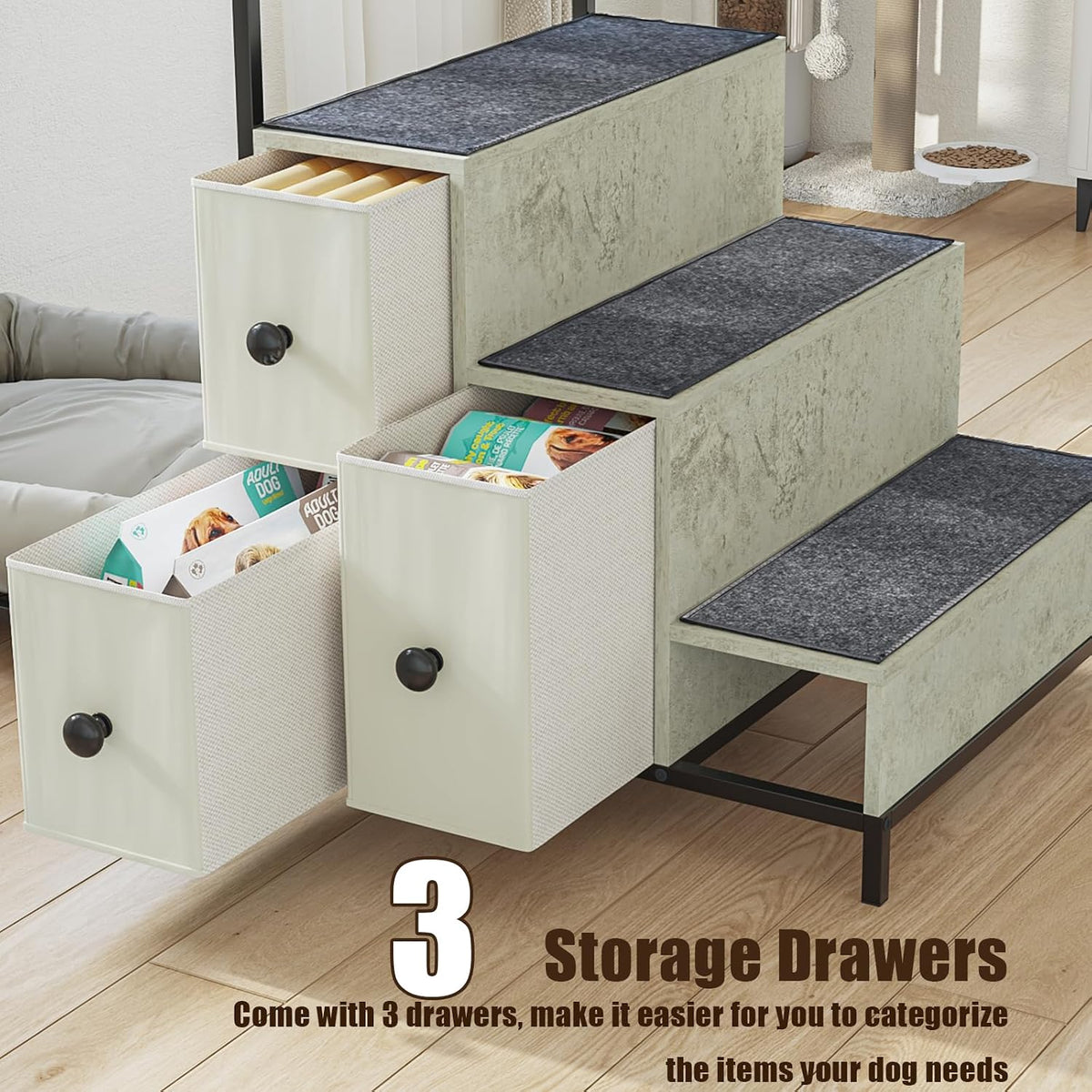Under-stair storage with three fabric drawers pulled out, holding pet supplies and treats